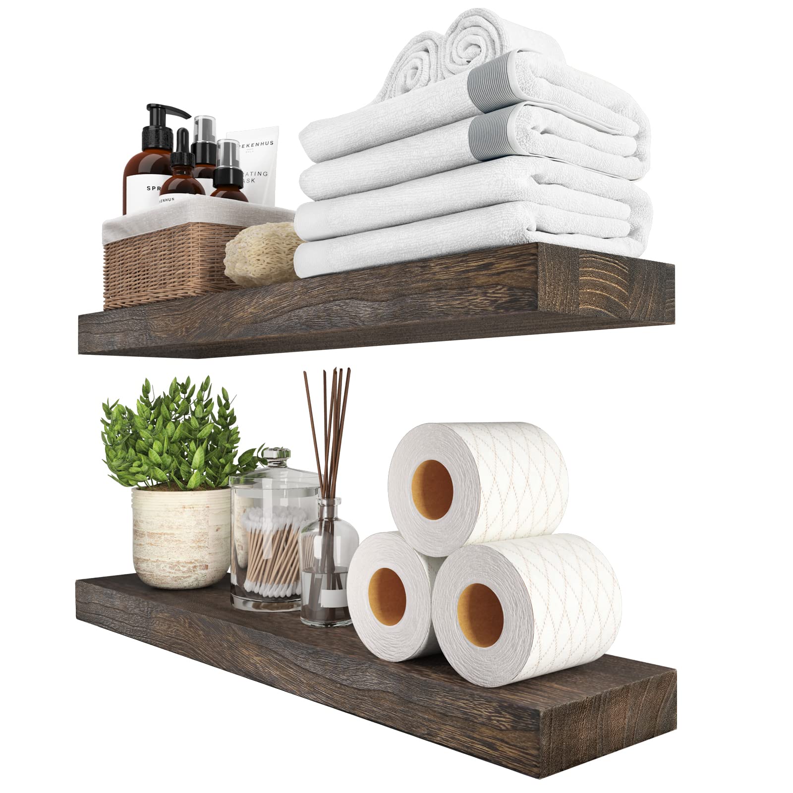 Rustic Natural Wood Floating Shelves Set of 2 - 24 Inch Dark Brown Live Edge Wall Mounted Open Shelving for Farmhouse Decor - Perfect for Bathroom, Living Room, Bedroom & Kitchen Storage & Display