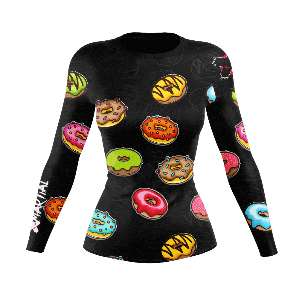 Women's BJJ Rash Guard with Sprinkled Donut Print - Perfect for Brazilian Jiu-Jitsu Training & MMA Workouts