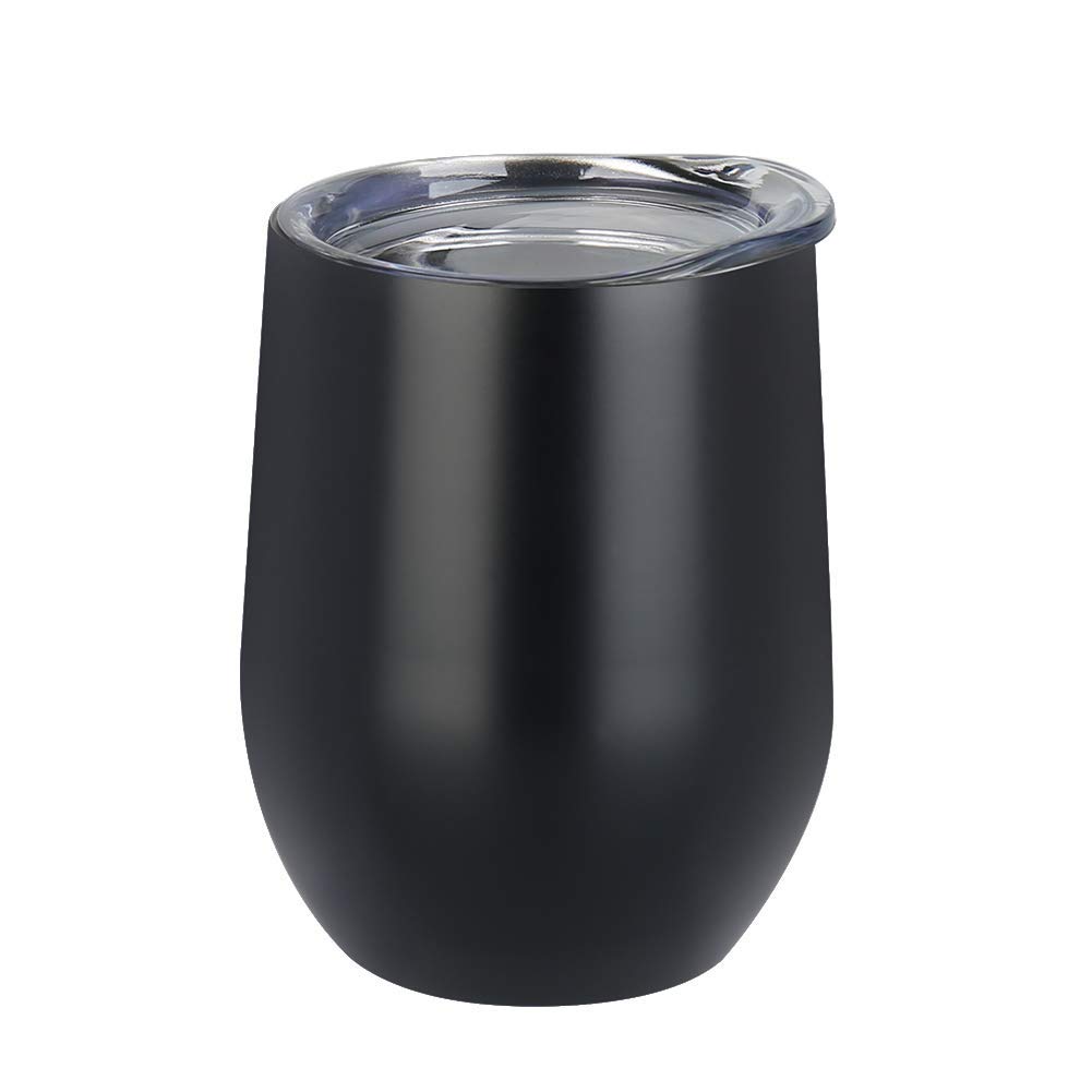 Premium 12 oz Stainless Steel Stemless Wine Glass Tumbler with Lid - Double Wall Vacuum Insulated for Hot & Cold Drinks - Perfect for Coffee, Wine, Cocktails & Ice Cream - Ideal for Travel, Office, Picnics & Home Use - Black