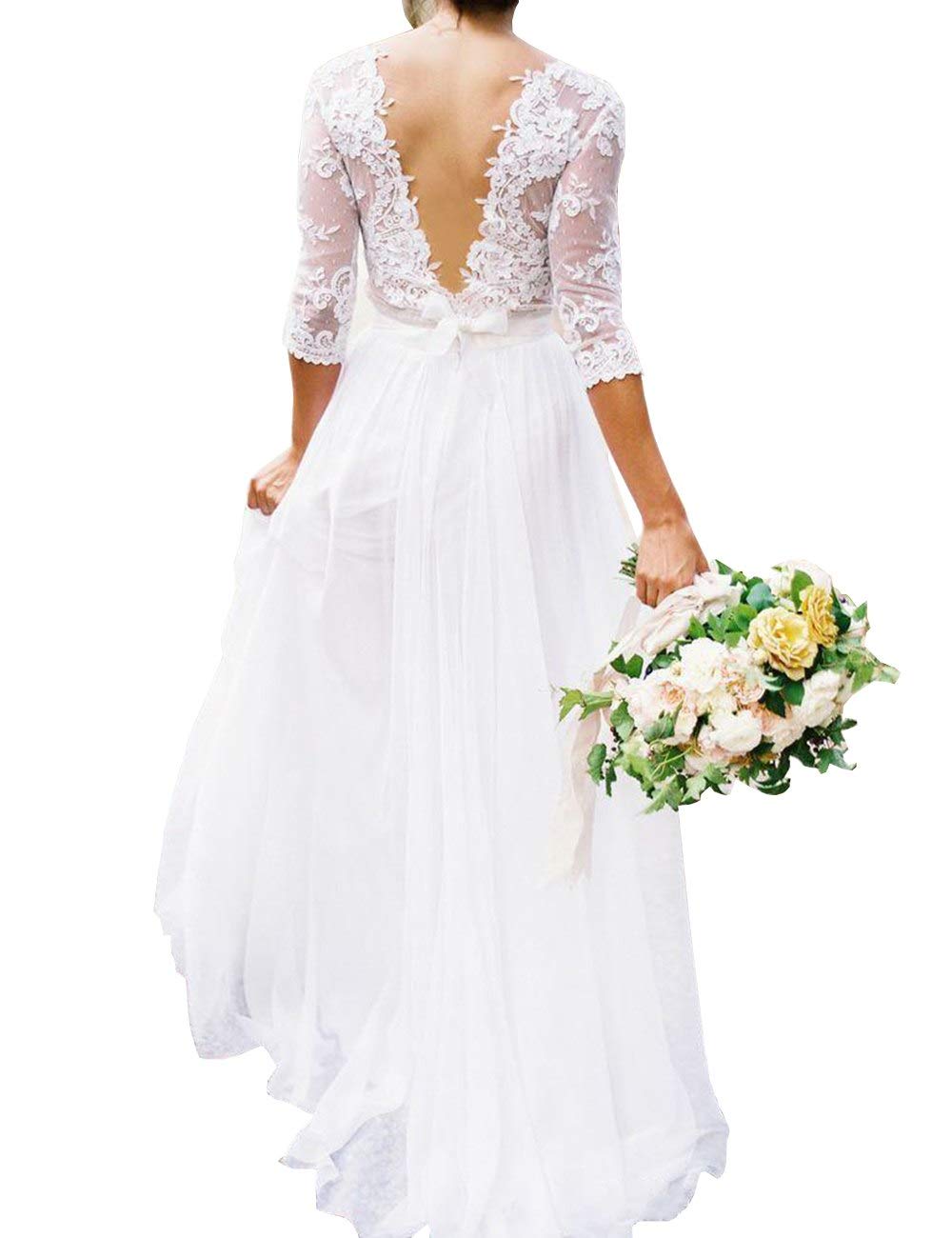 Mulanbridal Vintage Lace V-Neck Wedding Dress with Belt - Elegant Chiffon Beach Gown for Boho, Outdoor & Destination Weddings