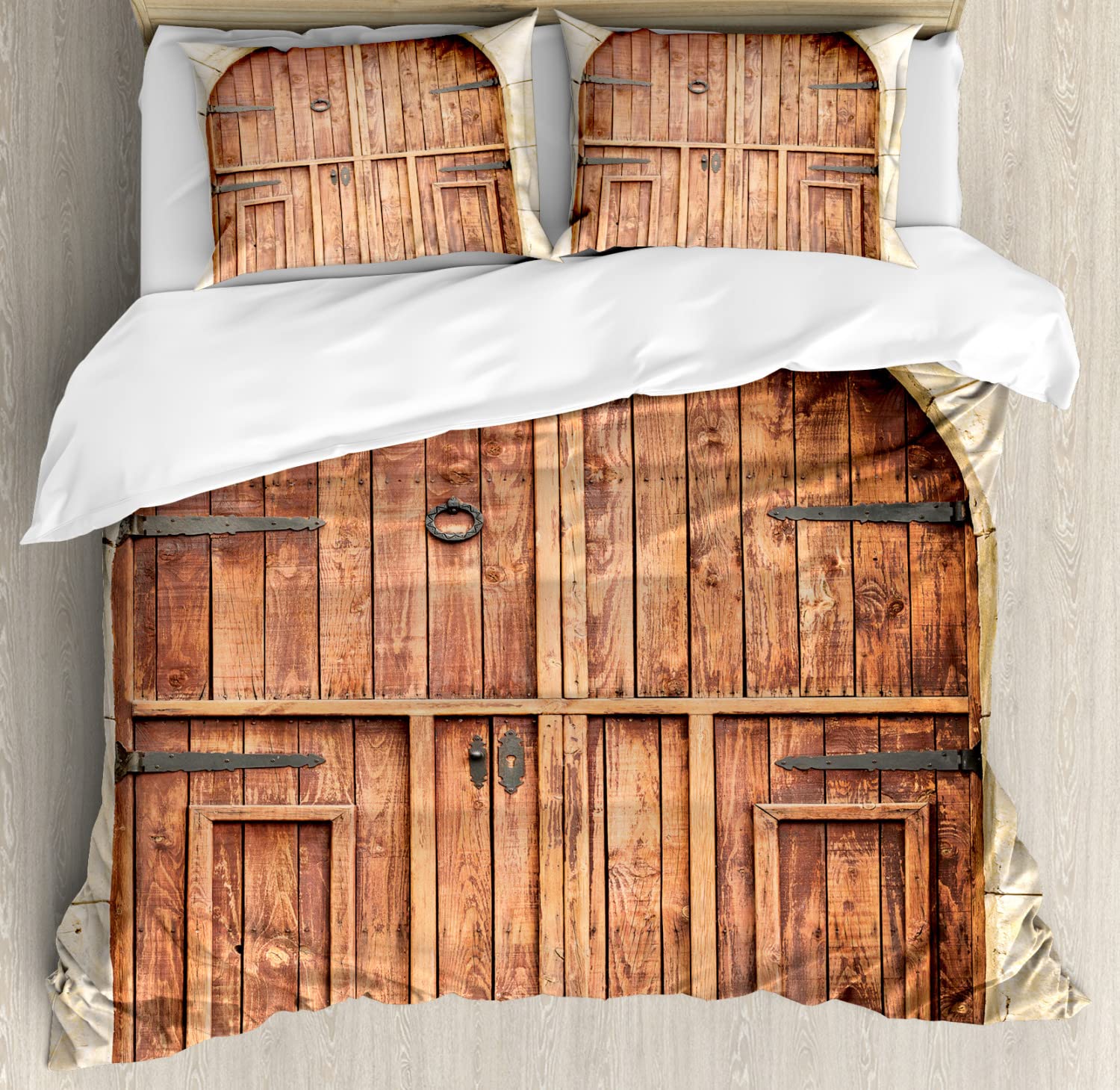 Ambesonne Rustic Duvet Cover Set - Handmade Traditional Oak Doorway Design on Stone Facade, 2-Piece Cal King Bedding Set with 4 Pillowcases, Cream & Brown - Perfect for Farmhouse, Cottage & Vintage Style Bedrooms