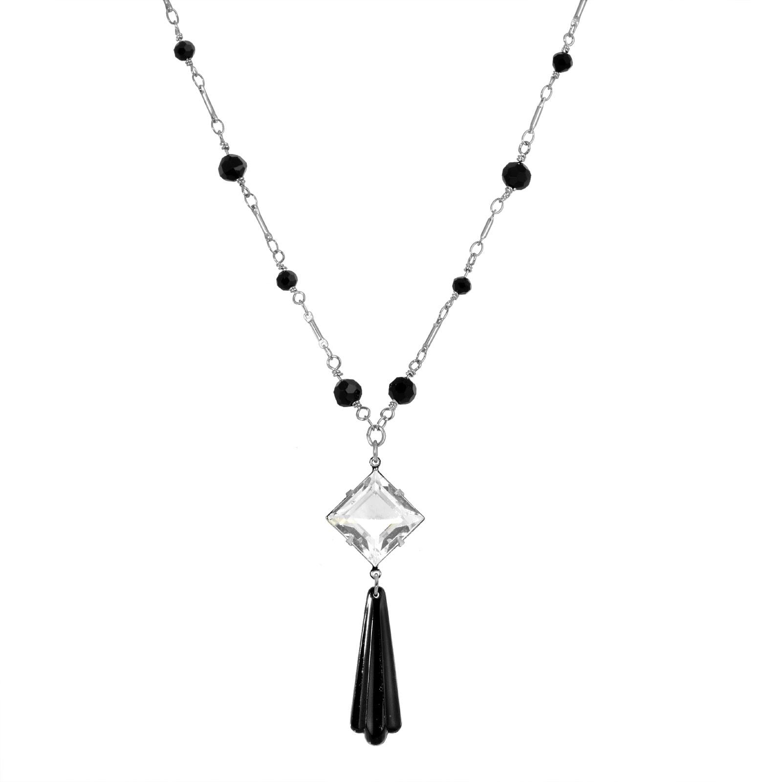 1928 Jewelry Black Bead Crystal Austrian Necklace - 16