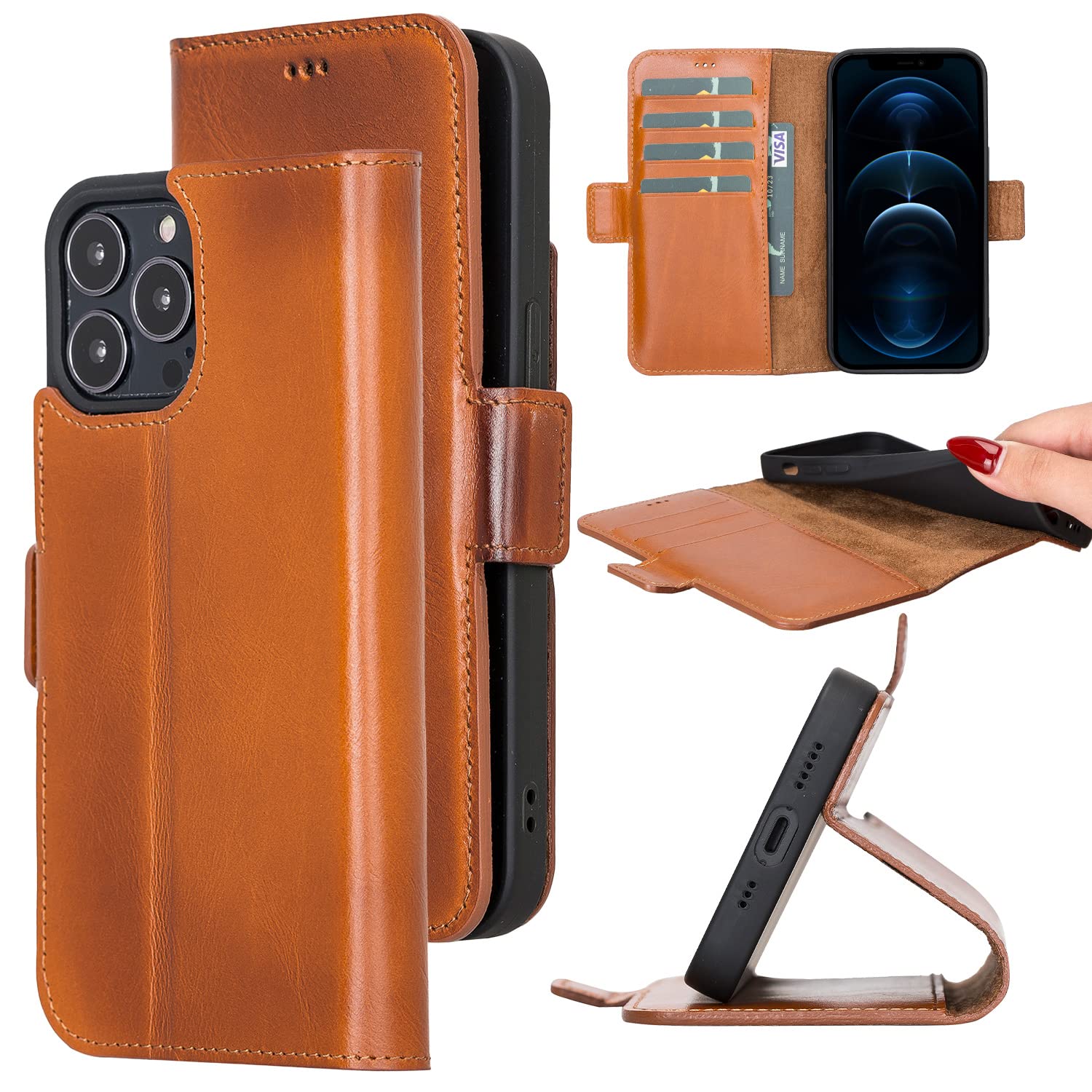 Bayelon Premium Full Grain Leather Wallet Case for iPhone 13 Pro Max - Magnetic Flip Cover with Card Slots, Kickstand & RFID Protection | Rustic Tan | Perfect for Business, Travel & Everyday Use