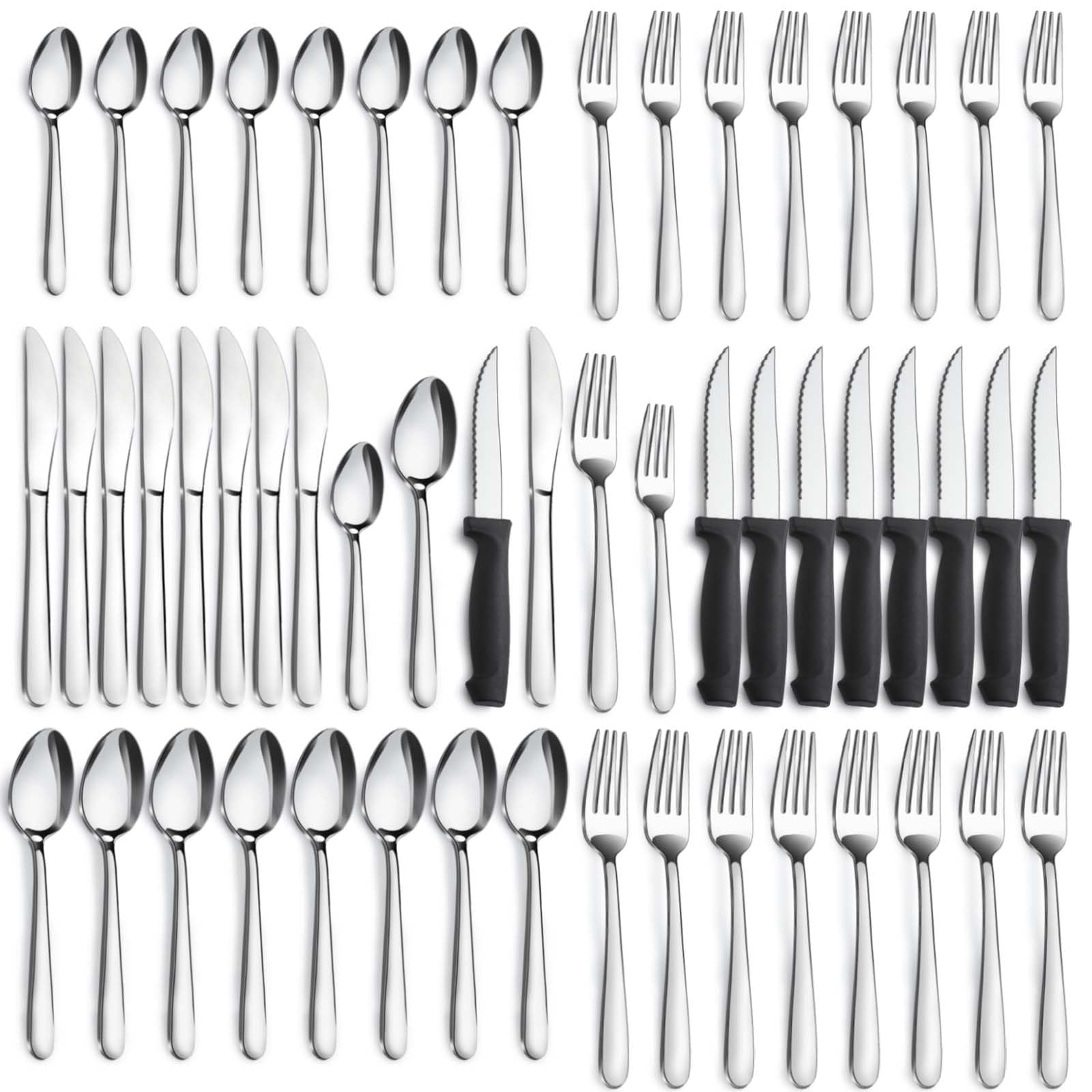 48-Piece Stainless Steel Flatware Set for 8 - Includes Forks, Spoons & Steak Knives - Dishwasher Safe Silverware for Home & Restaurant Use - Perfect for Dinner Parties, Weddings & Daily Dining