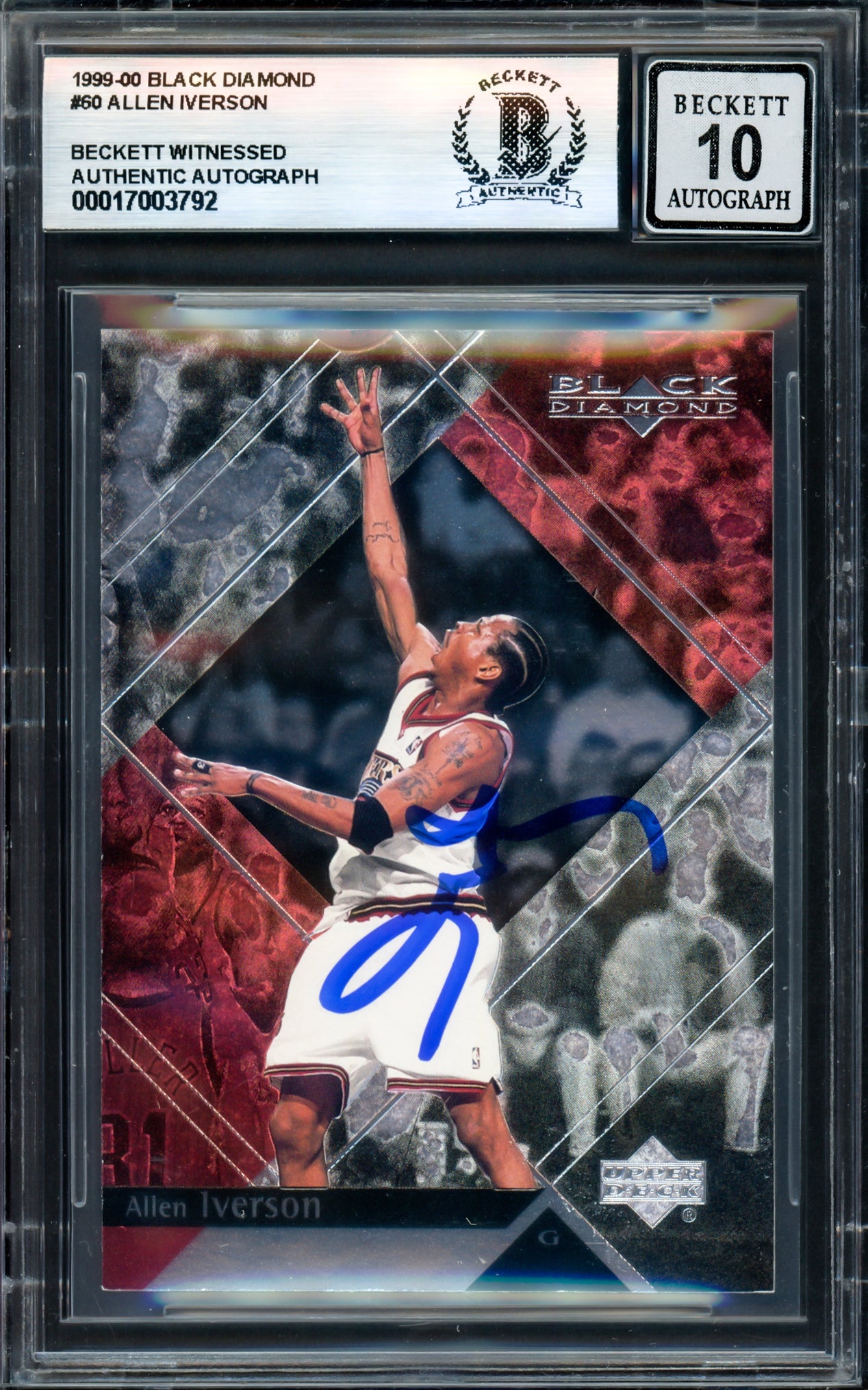 Allen Iverson Autographed 1999-00 Black Diamond Basketball Card #60 Philadelphia 76ers - Beckett BAS Gem Mint 10 Grade - Certified Auto - Perfect for NBA Memorabilia Collectors and 76ers Fans Display