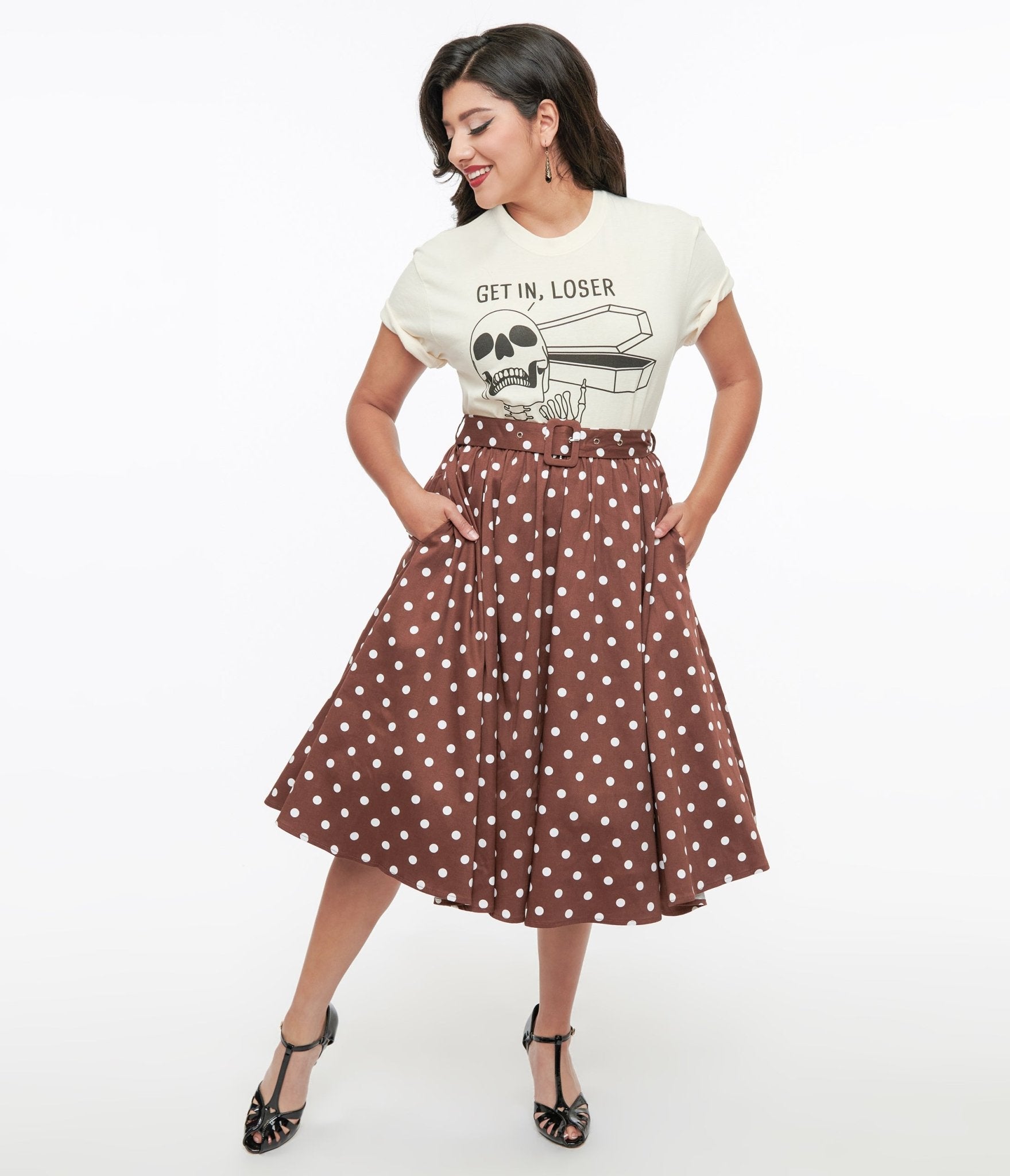 Brown & White Polka Dot Paula Swing Skirt - Vintage Inspired A-Line Skirt for Women | Perfect for Casual Outings, Summer Parties & Retro Fashion Looks