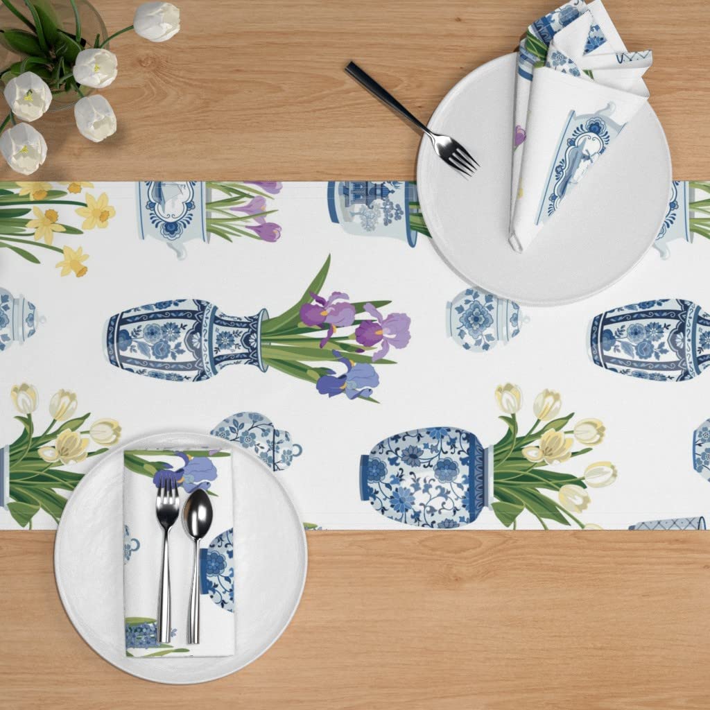 Custom Floral Pots Vases Tulips Chinoiserie Delft Print Cotton Sateen Table Runner 108