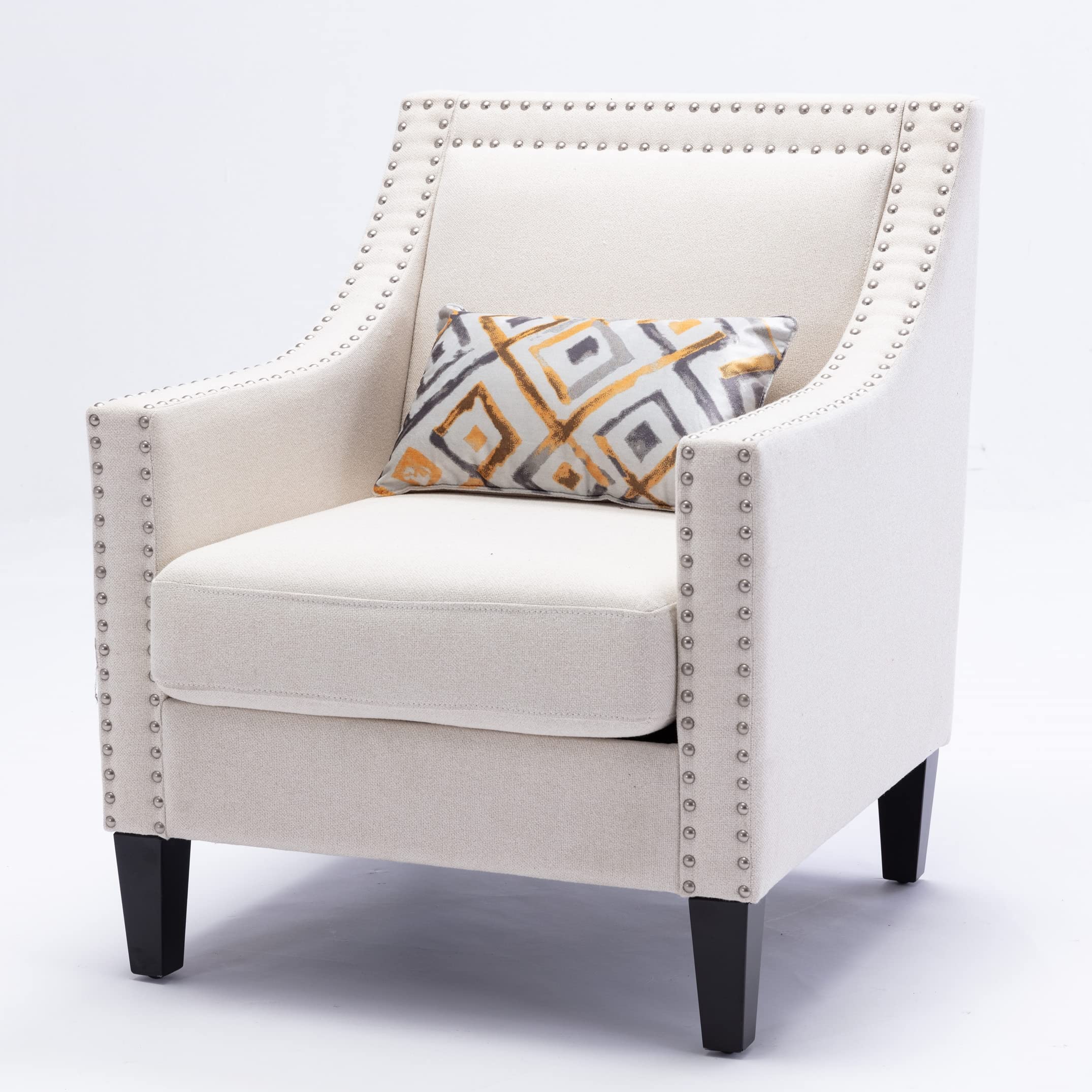 Modern Linen Accent Chair with Nailhead Trim & Wooden Legs - Upholstered Reading Chair, Lounge Chair for Living Room, Bedroom, Office - Perfect for Relaxing, Reading & Home Decor (Beige)