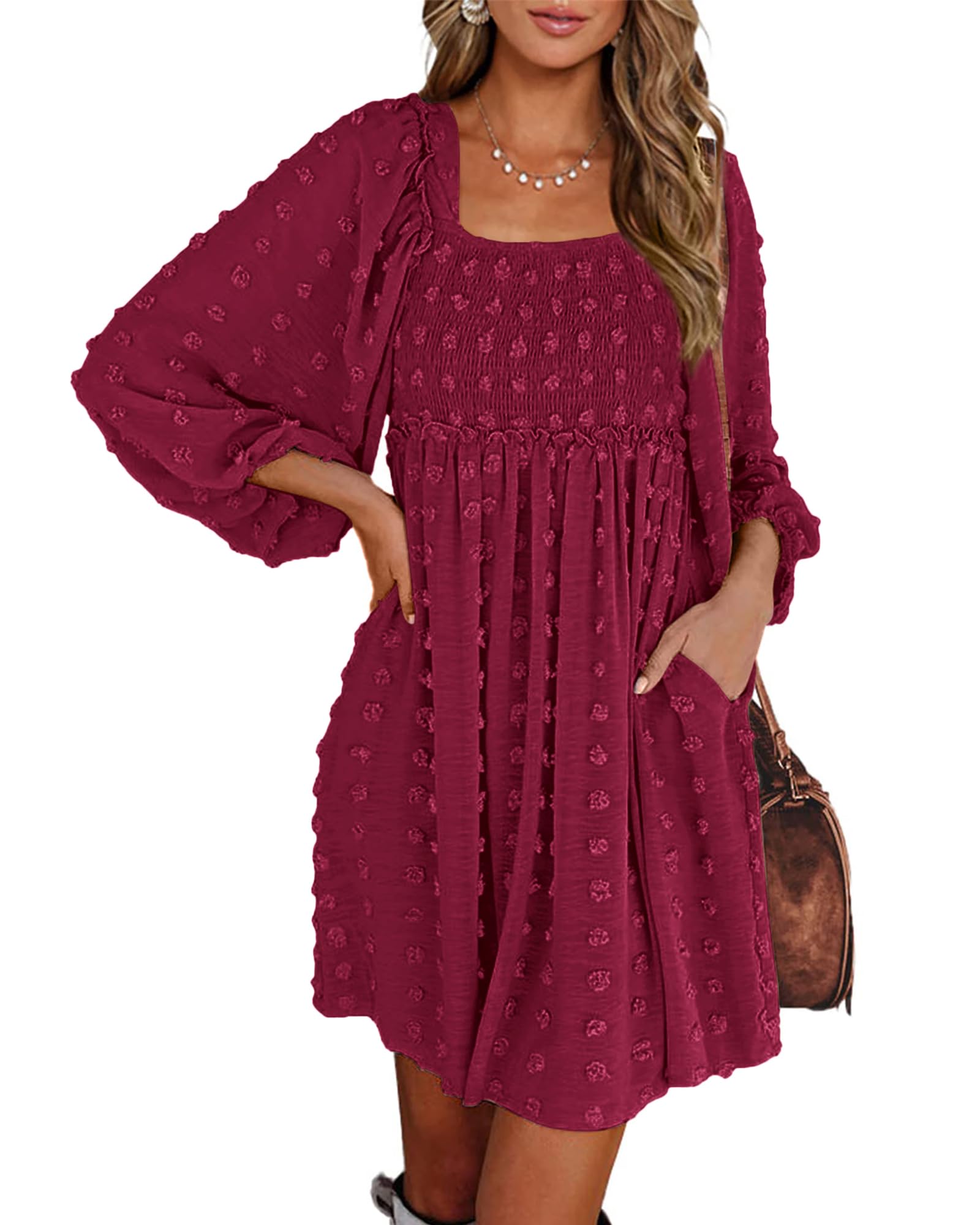 BTFBM Women's Floral Swiss Dot Square Neck Smocked Mini Dress - Long Sleeve Boho Wedding Guest Dress for Spring & Summer 2025 | Perfect for Garden Parties, Bridal Showers & Casual Events