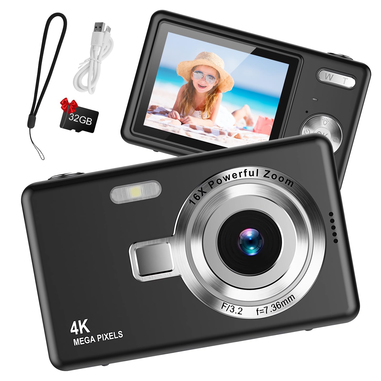 **44MP 1080P FHD Digital Camera - 16X Zoom Compact Vlogging Camera for Kids, Teens, Students & Beginners | Portable, Easy to Use | Perfect for Travel, School & Family Events (Black)**