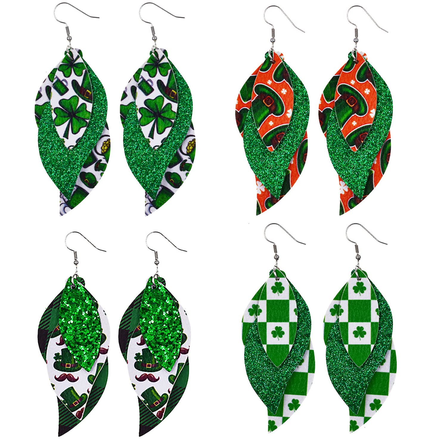 St. Patrick's Day Faux Leather Earrings for Women & Girls - Lightweight Shamrock Layered Dangle Earrings Set with Green Hat & Petal Leaf Design | Perfect for Irish Themed Parties, Festivals & Everyday Wear