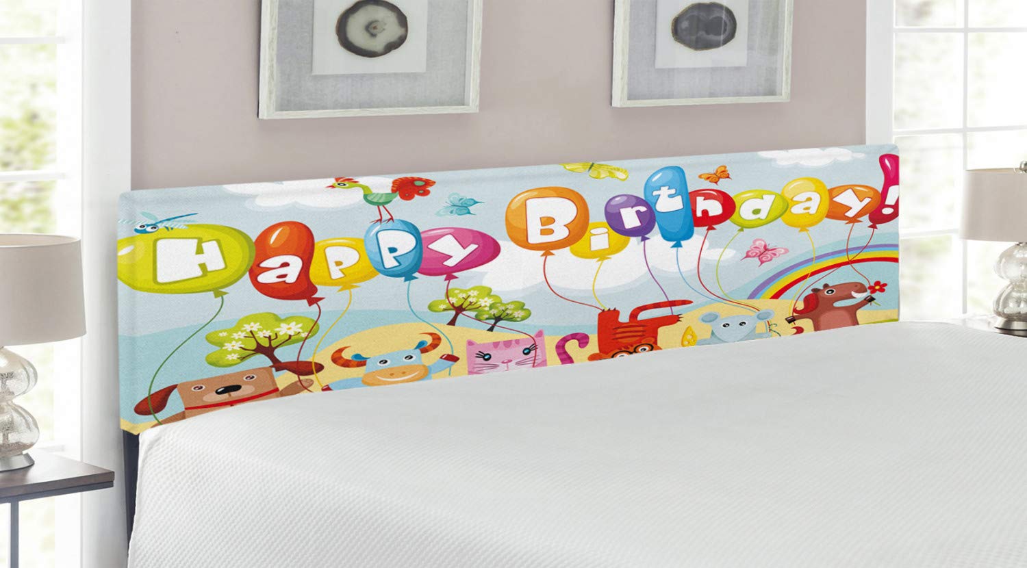 Ambesonne Farm Life Animals Birthday Party Headboard - King Size Upholstered Decorative Metal Bed Headboard with Memory Foam, Rainbow Clouds Village Theme Art Print | Perfect for Kids' Bedrooms, Themed Birthday Parties & Nursery Decor