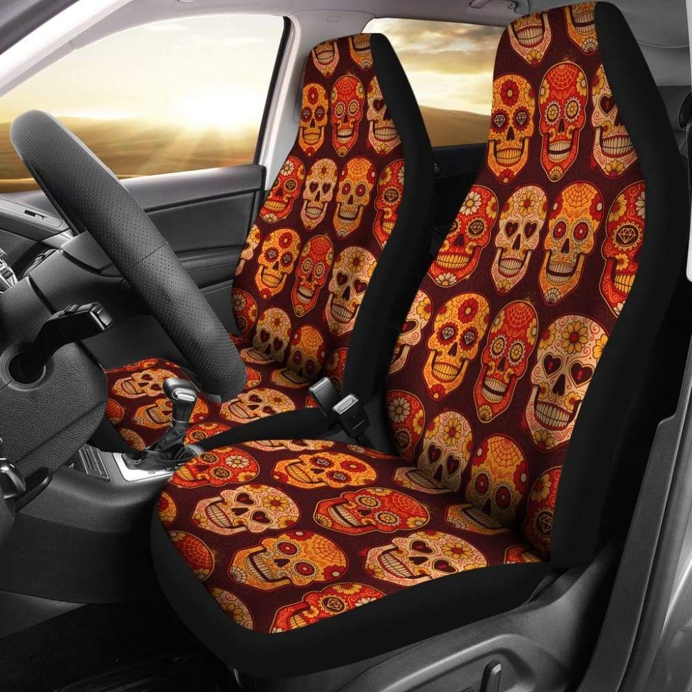 2 Pcs Sugar Skull Car Seat Covers - Universal Fit for Cars, Trucks & SUVs - Halloween Dia de Los Muertos Decor - Protects Seats from Stains & Spills