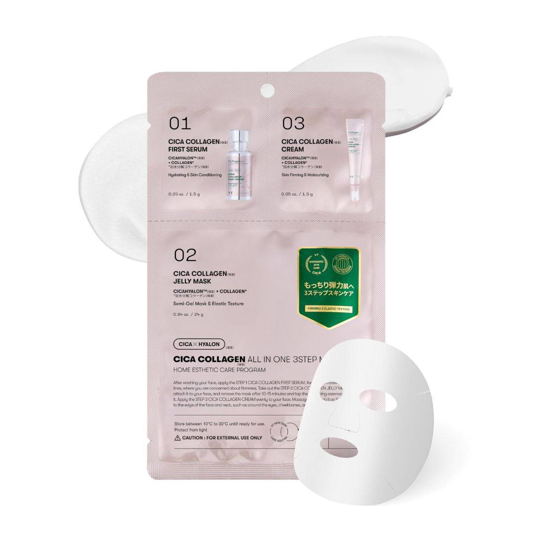 VT CICA Collagen All-in-One 3-Step Facial Mask for Hydration & Anti-Aging | Korean Skincare for Dry & Sensitive Skin | Perfect for Night Routine & Spa Days