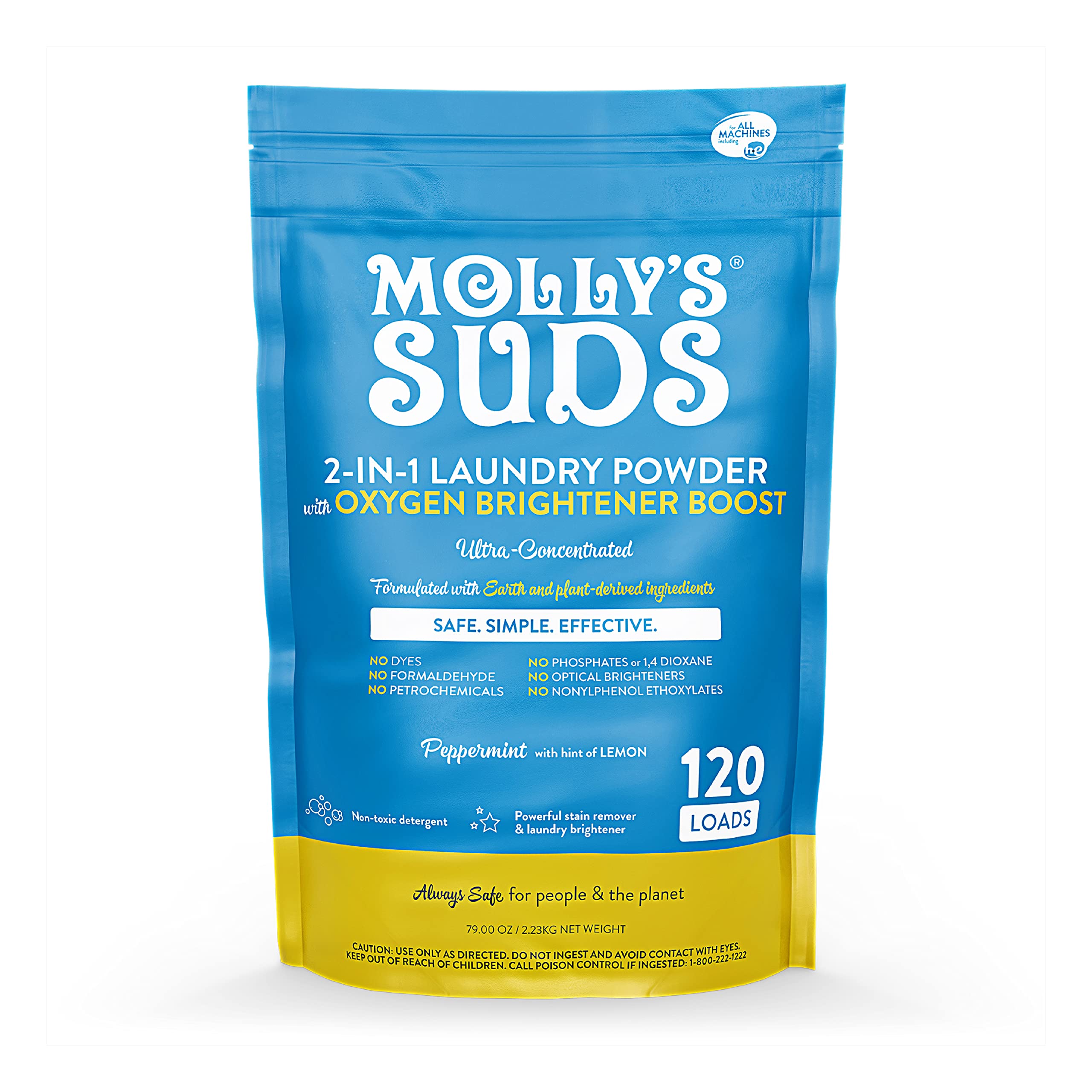Molly's Suds 2-in-1 Original Laundry Powder with Oxygen Brightener Boost | Eco-Friendly Laundry Detergent & Stain Remover | Peppermint Lemon Scent, 120 Loads | Perfect for Sensitive Skin & Baby Clothes | Ideal for HE Washers & Sustainable Home Cleaning