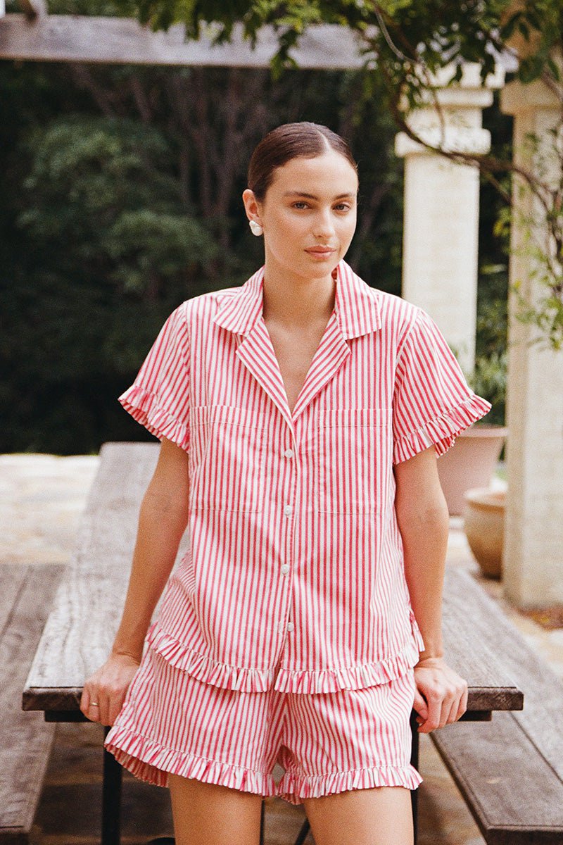 Felicity Frill Set - Women's Vintage Pinstripe Cherry Print Dress for Casual Wear & Special Occasions