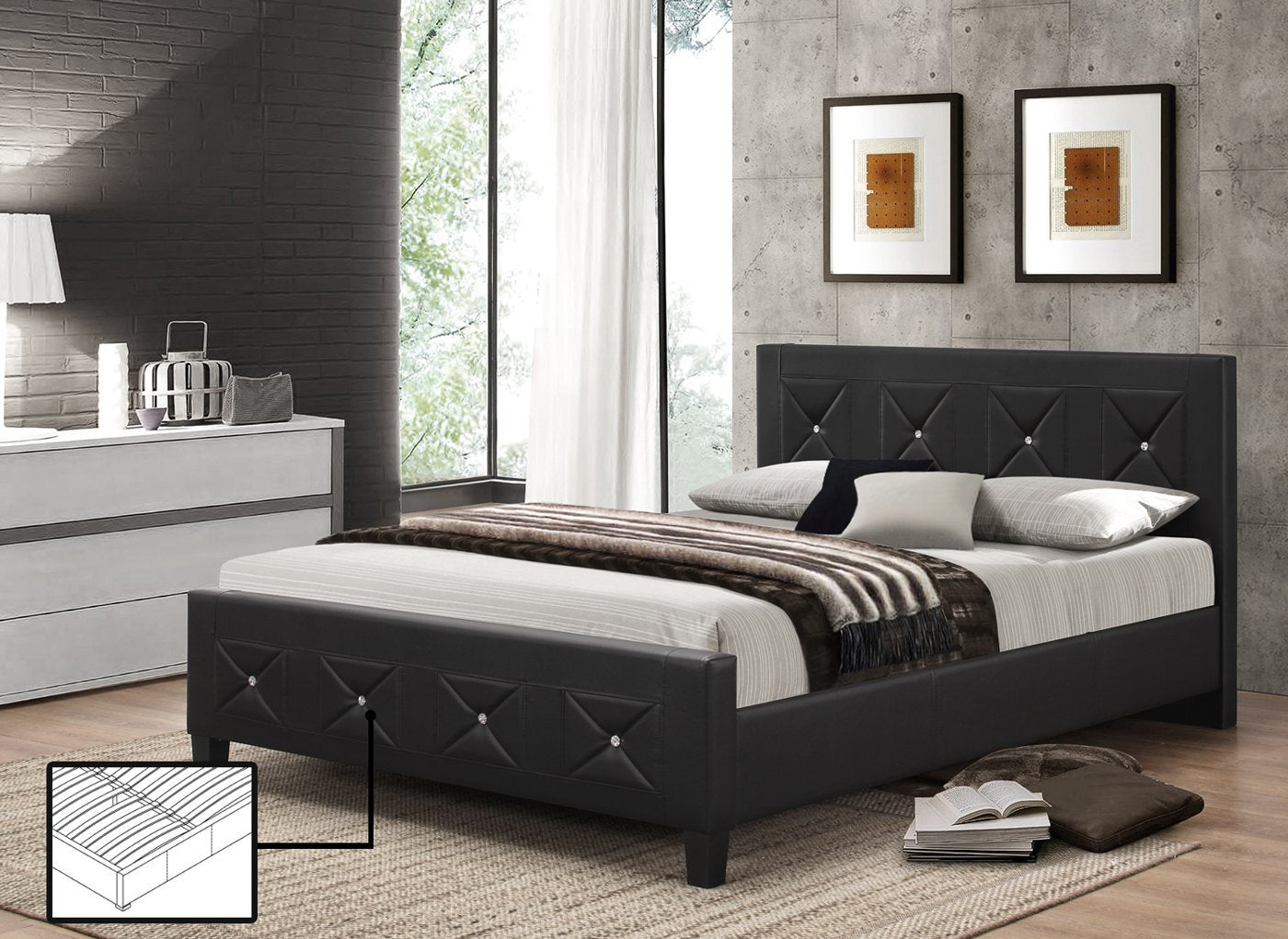 Elegant Black Leatherette Platform Bed with Sparkling Crystals - Queen Size Modern Bed Frame for Bedroom Decor | Perfect for Master Bedrooms, Guest Rooms & Luxury Apartments