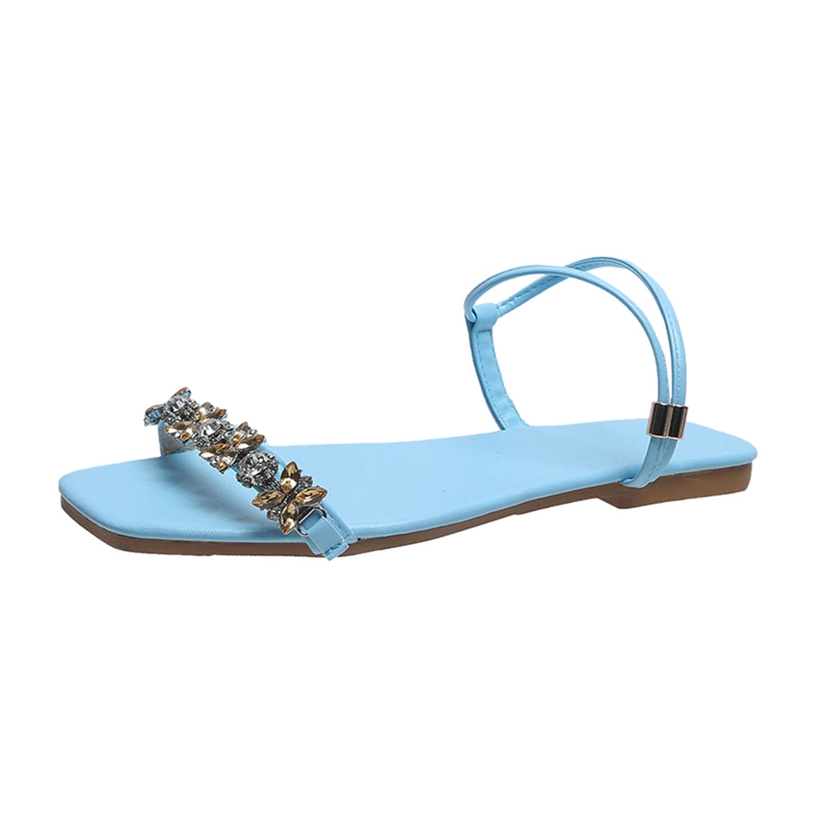 Elegant Women's Dressy Summer Sandals with Rhinestone Flower Decor - Comfortable Flat Round Toe Sandals for Women | Perfect for Beach, Wedding & Casual Outings