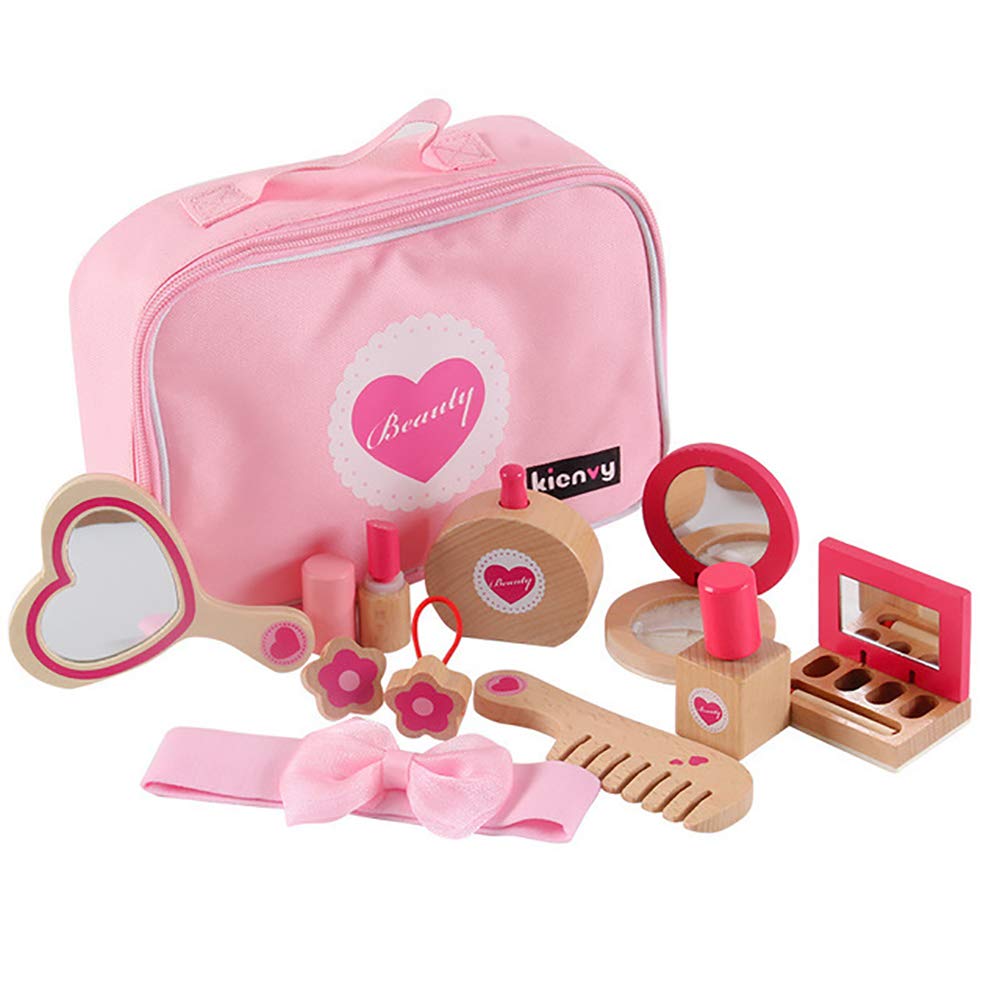 JW-YZWJ Portable Wooden Cosmetic Toy Set - Kids Pretend Play Makeup Dress Up Kit with Cosmetic Bag - Early Education Learning Toys for Toddlers & Preschoolers (Perfect for Birthday Gifts & Role Play Activities)