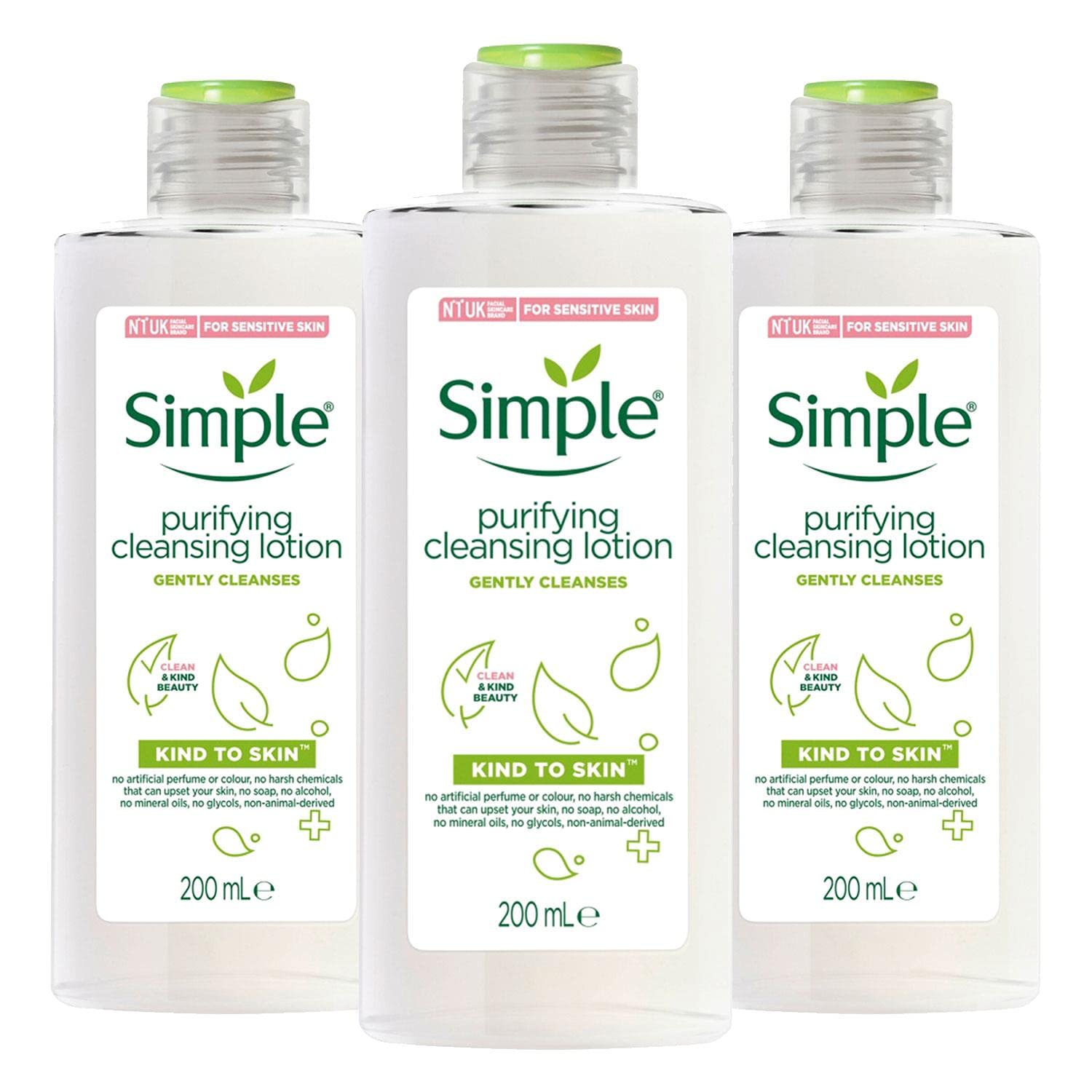 3 Pack of 200ml Simple Kind To Skin Purifying Cleansing Lotion - Gentle Face Wash for Sensitive Skin, Fragrance-Free & Hypoallergenic, No Harsh Chemicals - Perfect for Daily Skincare Routine & Travel Essentials
