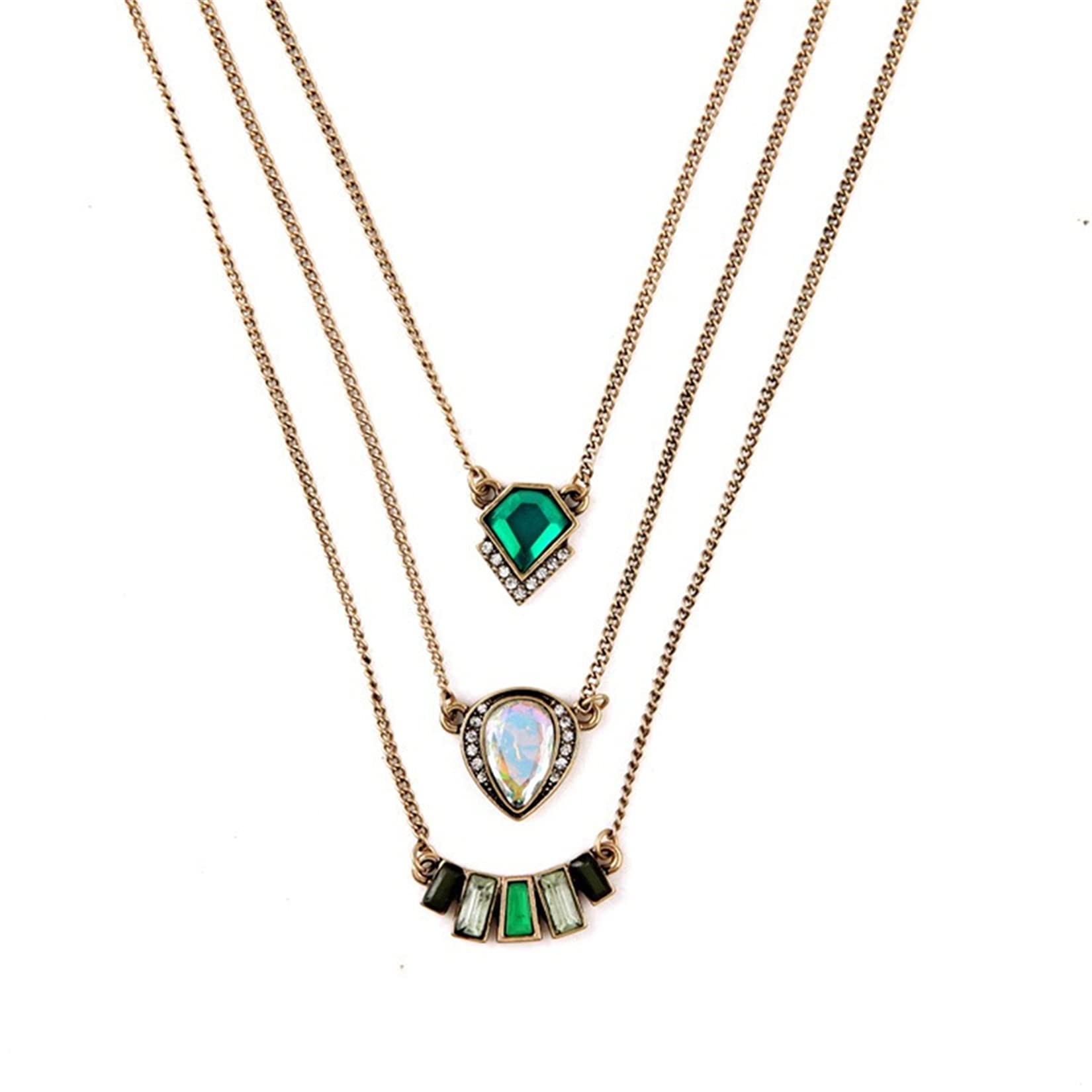 Geometric Emerald Layered Necklace for Women - Gold Plated Vintage 3 Layer Baroque Chain Necklace | Perfect for Casual Wear, Date Nights & Special Occasions