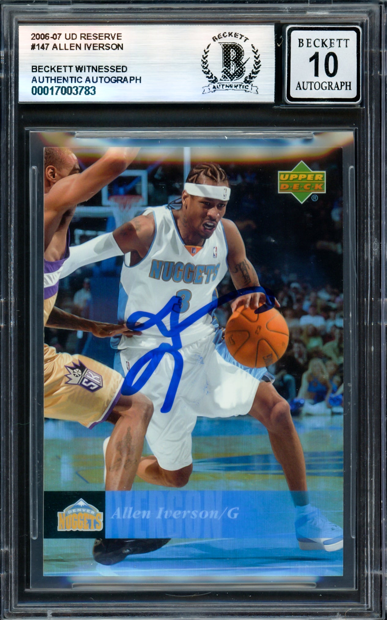Allen Iverson Autographed 2006-07 Upper Deck Reserve #147 Denver Nuggets Beckett BAS Gem Mint 10 Card - Basketball Memorabilia for Collectors & Sports Fans Display