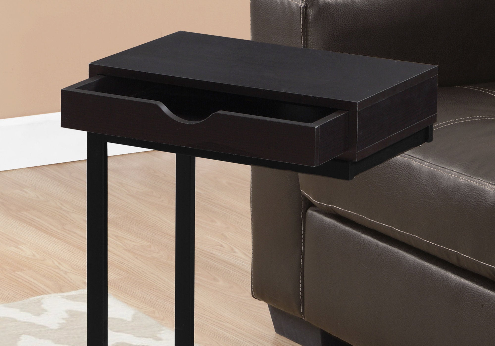 Modern Accent Table with Drawer - Cappuccino & Black Metal Finish - Perfect for Living Room, Bedroom, or Office Decor