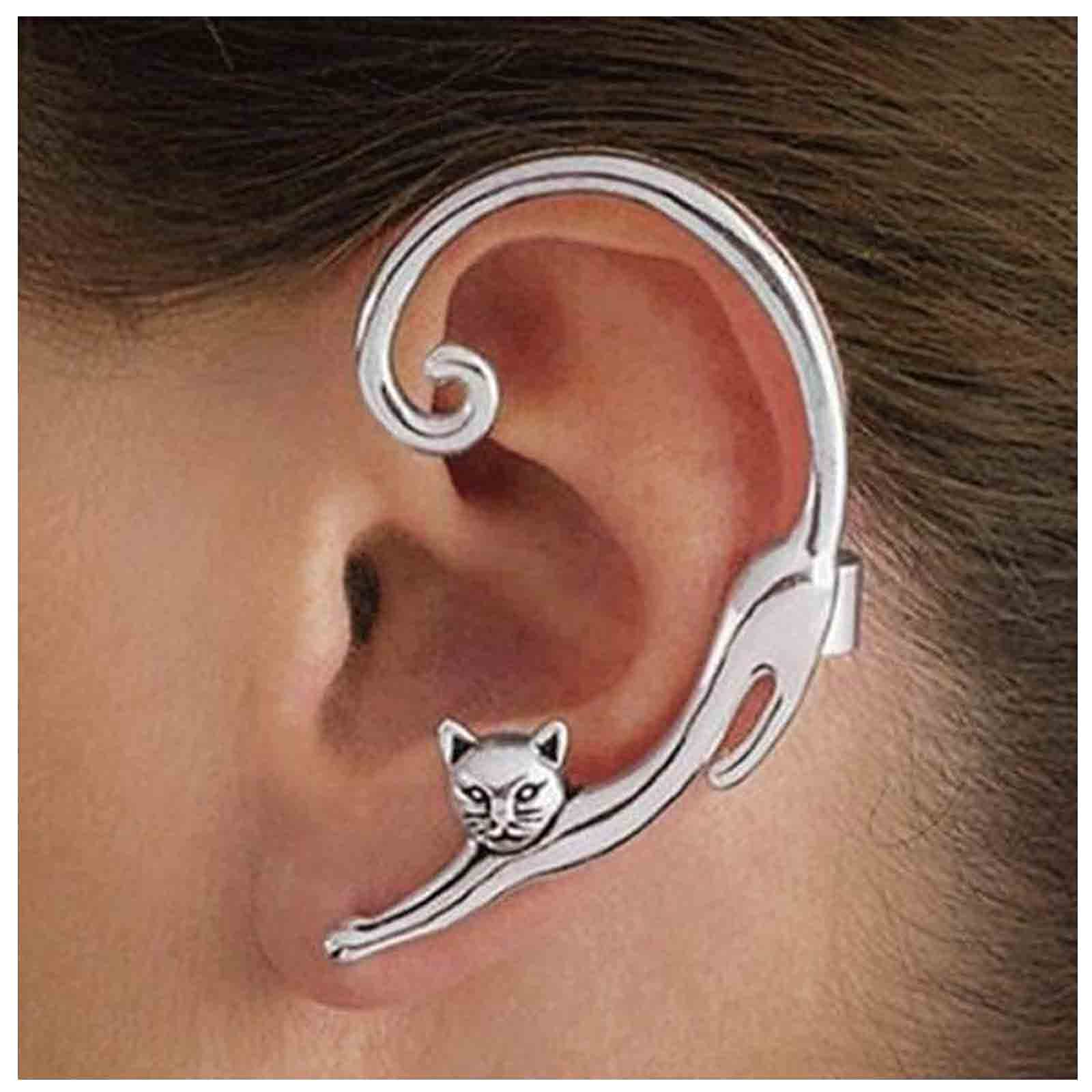 Yheakne Silver Cat Ear Climber Wrap Earrings - Feline Ear Cuff & Clip-On Crawler Jewelry for Women & Girls - Perfect Cat Lover Gifts for Parties, Cosplay & Everyday Wear