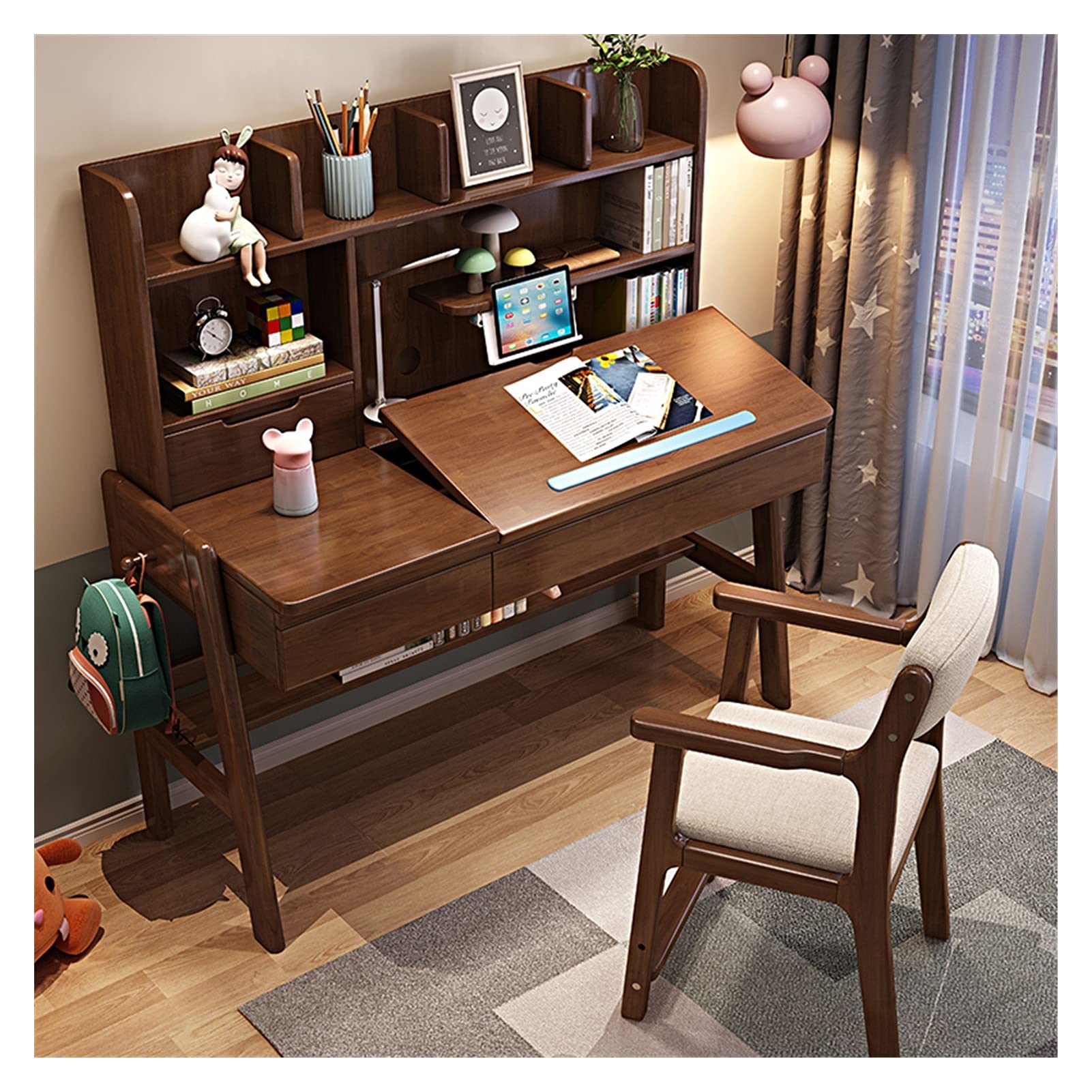 Adjustable Height Kids Study Desk and Chair Set - Ergonomic Children's Homework Table for Bedroom, Home & School (Brown) - Perfect for Online Learning, Reading & Writing Activities
