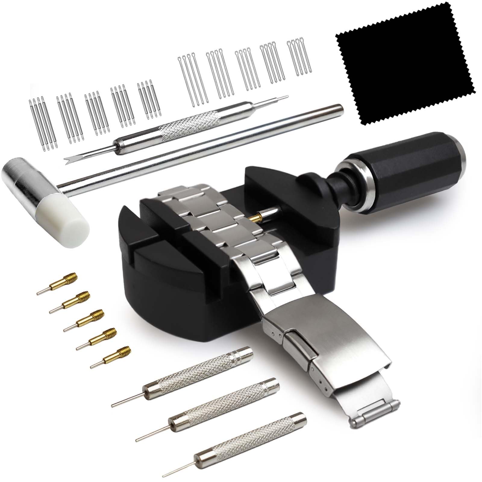 Professional Watch Link Removal Kit - Adjustable Watch Band Sizing Tool with Spring Bars & Hammer for Watch Strap Repair (Black) | Perfect for Watch Enthusiasts, Jewelers & DIY Watch Maintenance