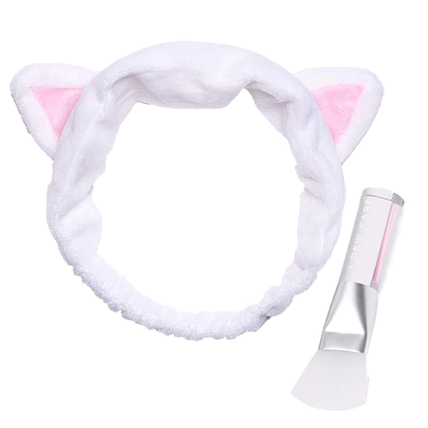 I DEW CARE White Cat Headband & Soft Silicone Face Mask Brush Set for Skincare Routine | Korean Beauty Accessories for Facial Mask Application