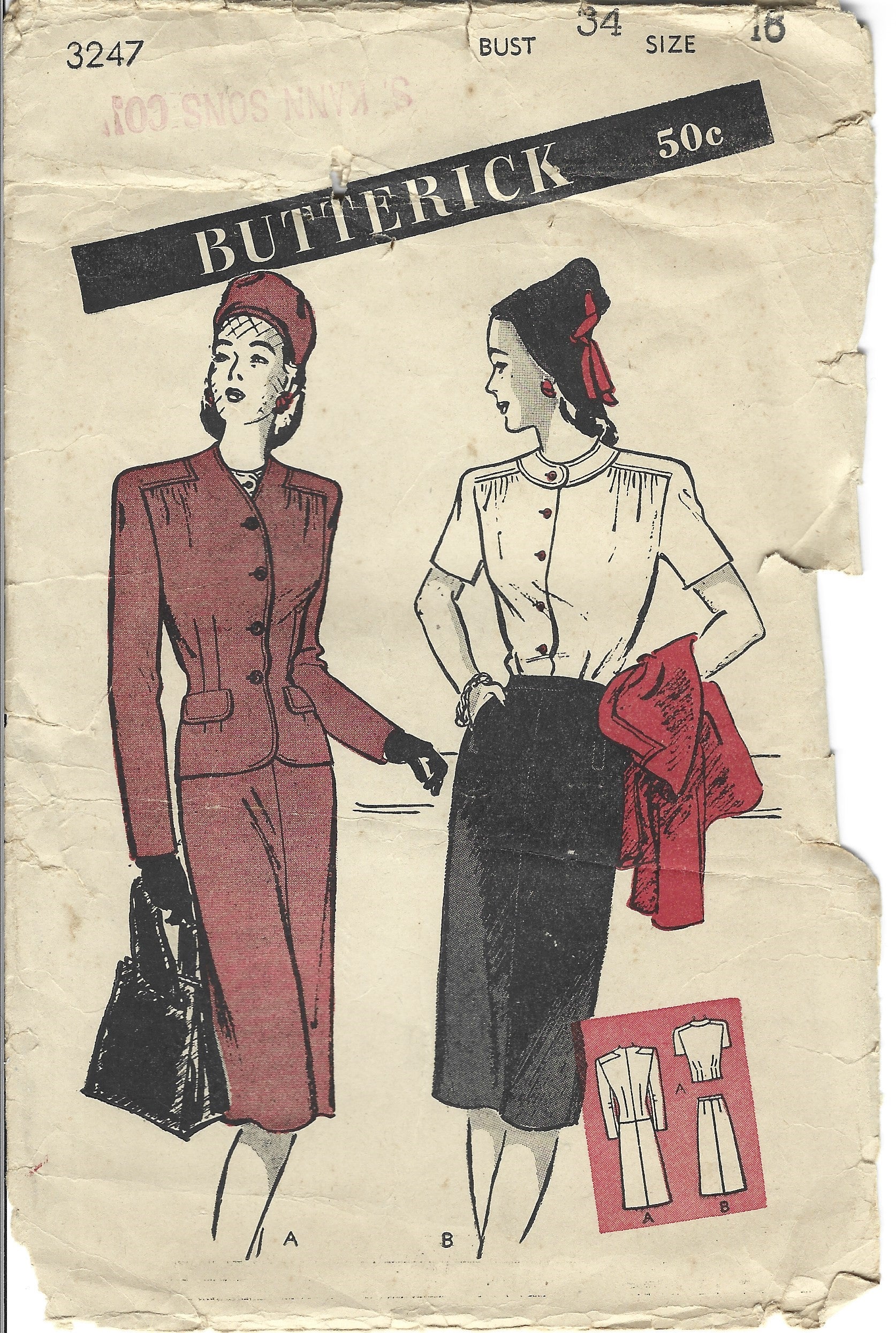 Vintage 1940s Butterick 3247 Ladies Suit Jacket Skirt Blouse Sewing Pattern - Unprinted Retro Fashion for Costume Parties, Historical Reenactments & Vintage Style Sewing Projects