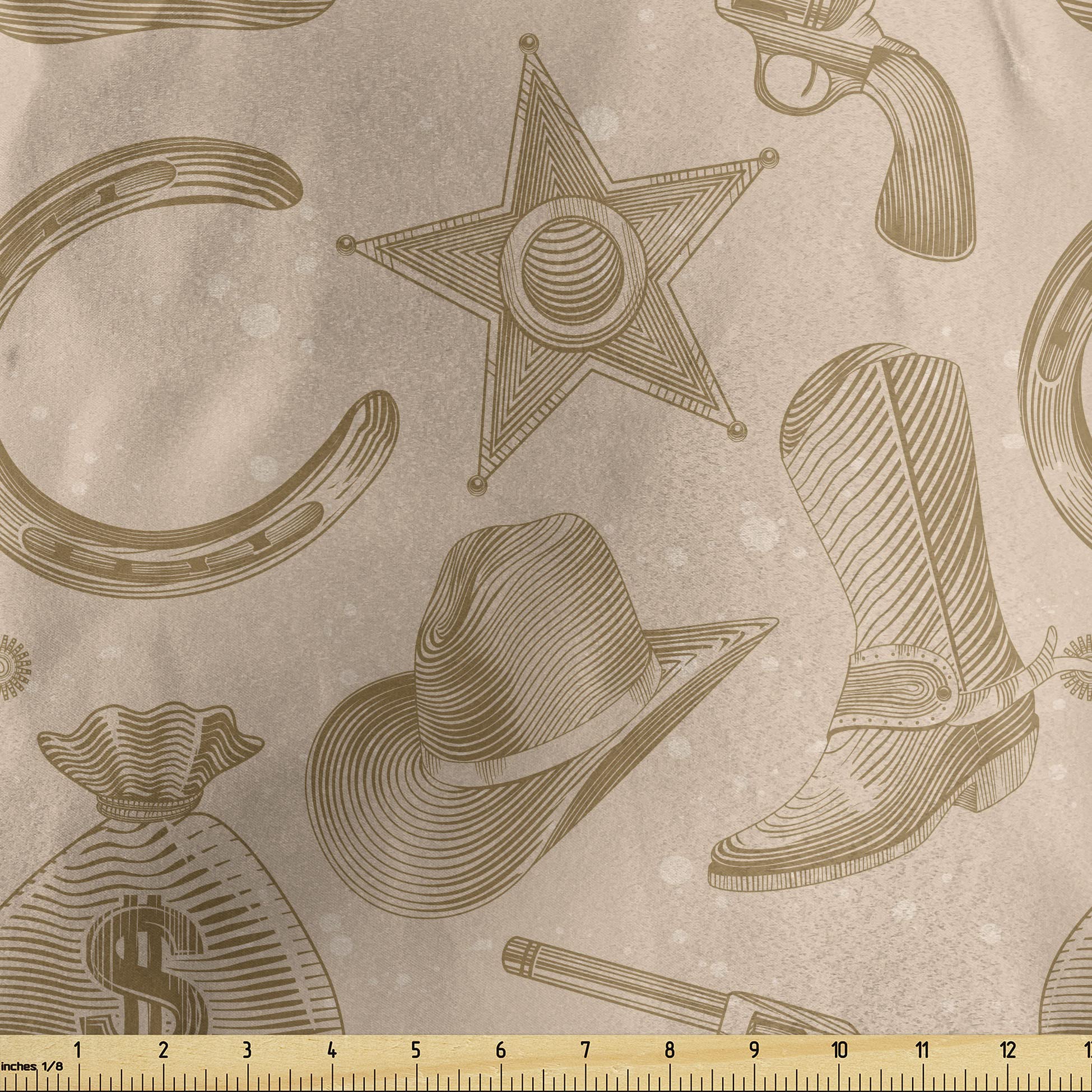 Ambesonne Western Fabric by The Yard - Engraved Star Boot & Money Revolver Line Pattern on Distressed Dotted Background | Decorative Satin Material for DIY Crafts, Quilting & Home Decor (10 Yards, Tan Brown) | Perfect for Western-Themed Bedding, Curtains & Upholstery Projects
