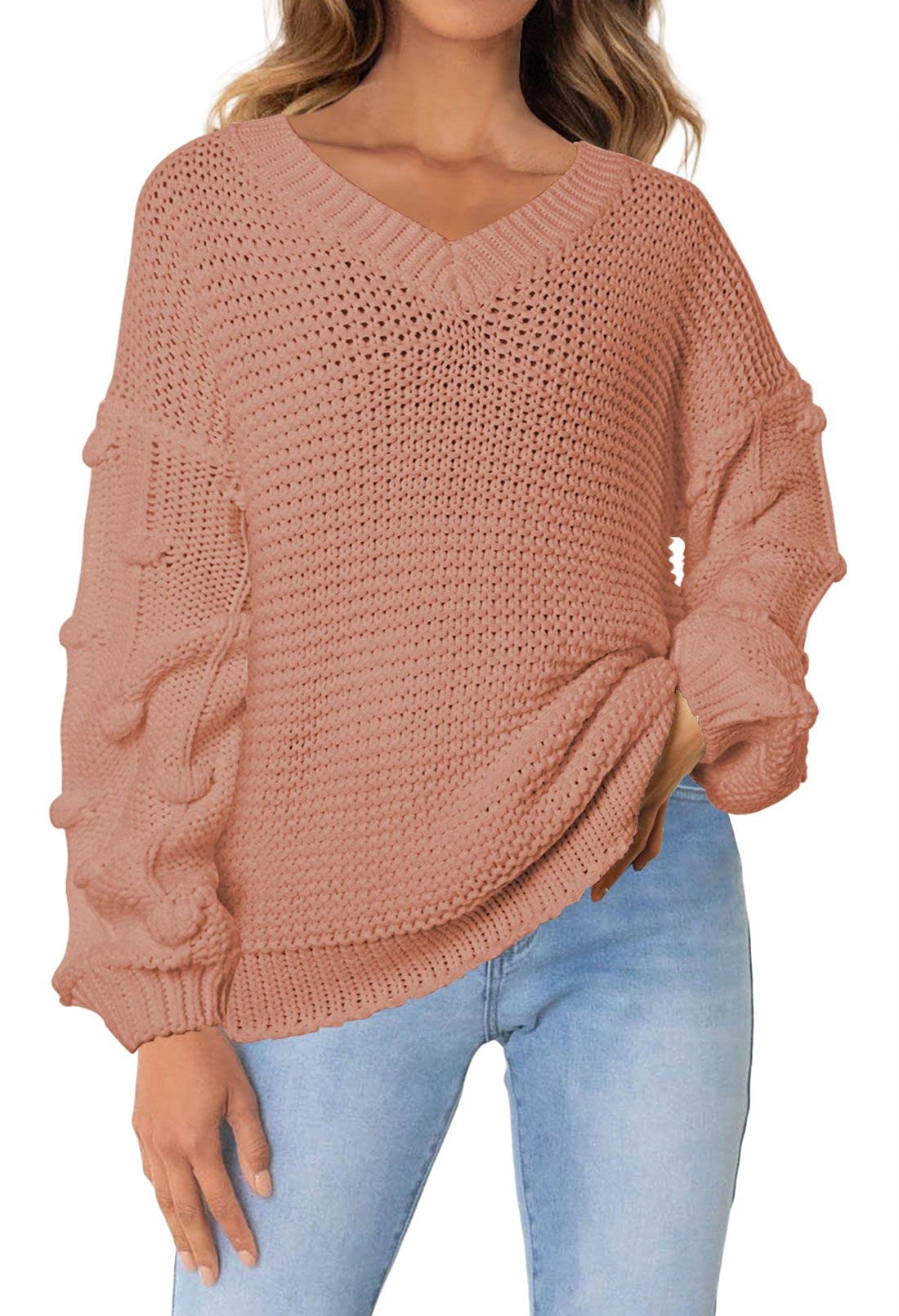 Linsery Women's Chunky Oversized Long Sleeve V Neck Sweater Pullover - Winter Warm Knit Jumper for Casual Outfits & Cozy Layering