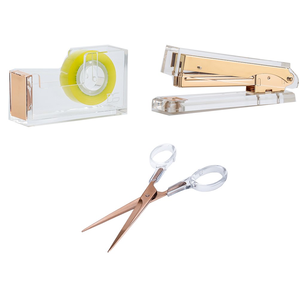 Draymond Story Acrylic Gold Desk Organizer Set - Rose & Yellow Gold Scissors, Stapler & Tape Dispenser for Office & Home Workspace | Premium Desk Accessories for Productivity