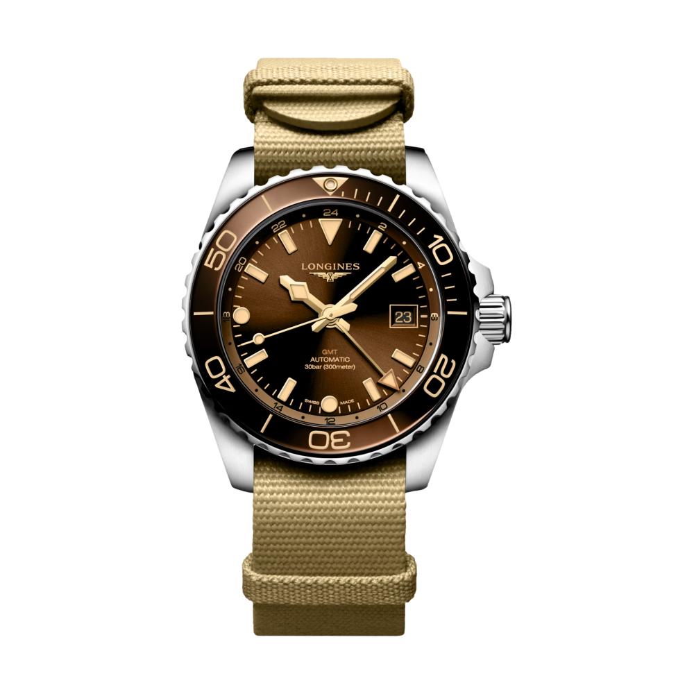 HydroConquest GMT Brown Dial 41mm Men's Watch with Fabric Strap - Perfect for Travel, Business & Outdoor Adventures