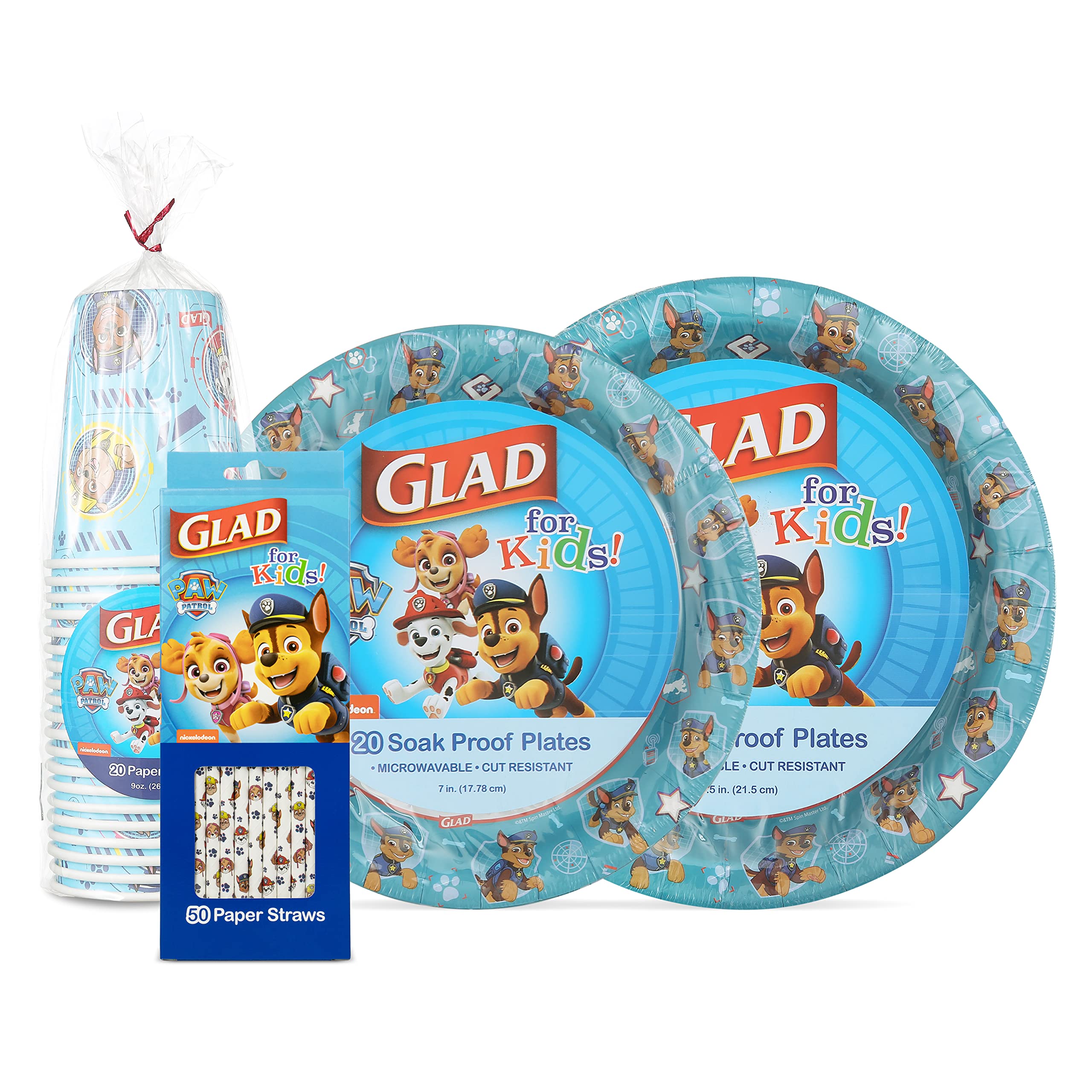 Paw Patrol Kids Disposable Tableware Set - 50 Heavy Duty Paper Plates, Cups & Straws for Birthday Parties, Picnics & Family Gatherings | Themed Party Supplies for Children