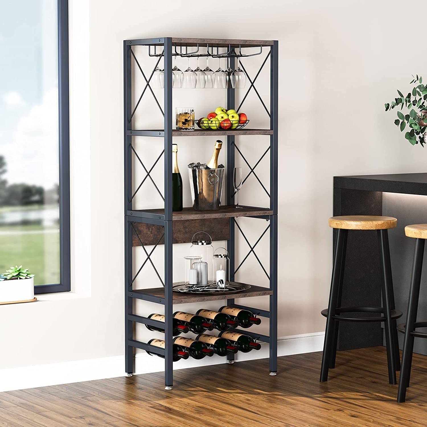 Industrial Wine Baker Rack Table with Storage & Glass Holder - Brown Mid-Century Modern MDF Metal Kitchen Island for Wine Storage & Display