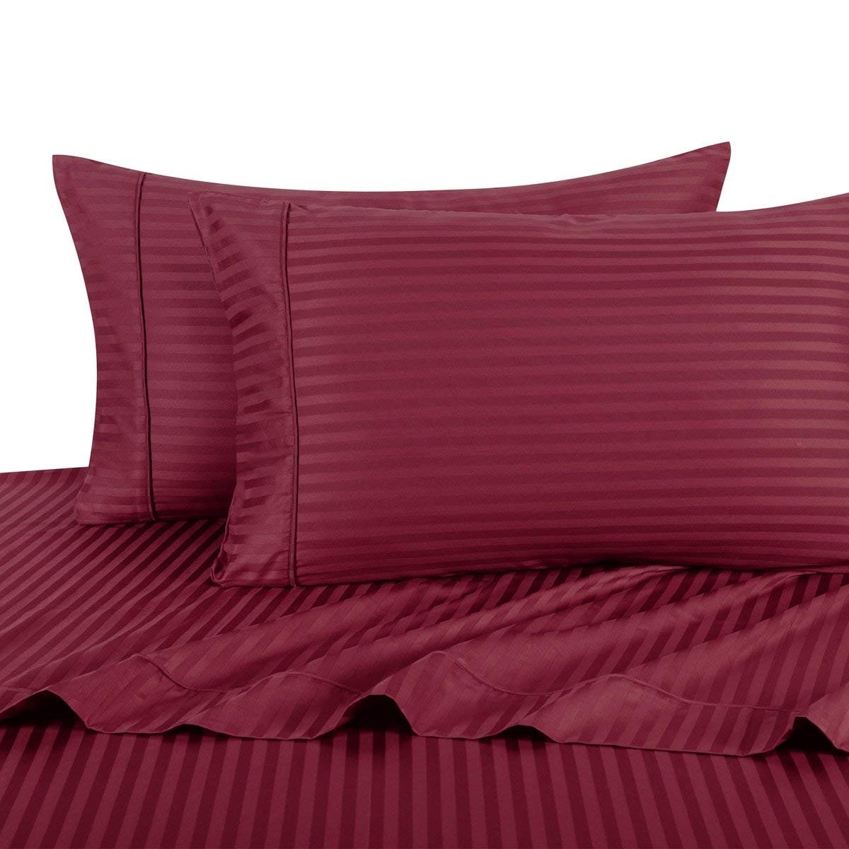 600-Thread-Count 100% Cotton Damask Striped Twin XL 3-Piece Sheet Set - Burgundy Red - Soft Luxury Bedding for College Dorms, Guest Rooms & Extra Long Beds