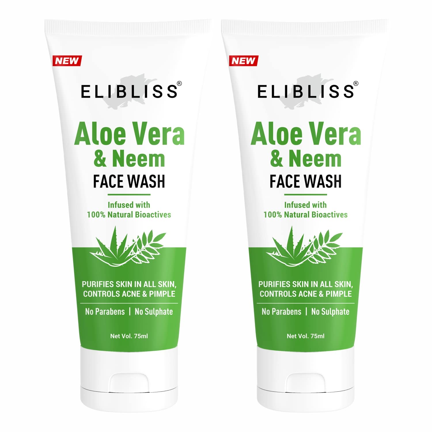 ELIBLISS Aloe Vera & Neem Refreshing Gel Face Wash for Glowing Skin - Gentle Daily Exfoliating Facial Cleanser (Pack of 2) | Hydrating & Soothing for Acne-Prone & Sensitive Skin | Morning & Night Skincare Routine