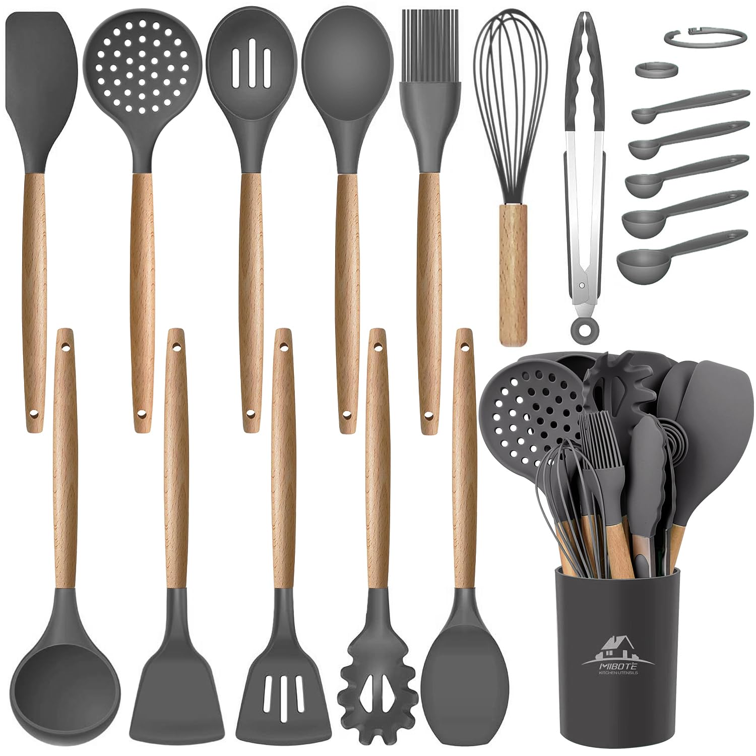 MIBOTE 17-Piece Silicone Kitchen Utensil Set with Wooden Handles & Holder - Nonstick Spatula, Turner, Tongs, Spoon - Safe for Nonstick Cookware (Grey) | Perfect for Baking, Frying, Cooking & Everyday Kitchen Use