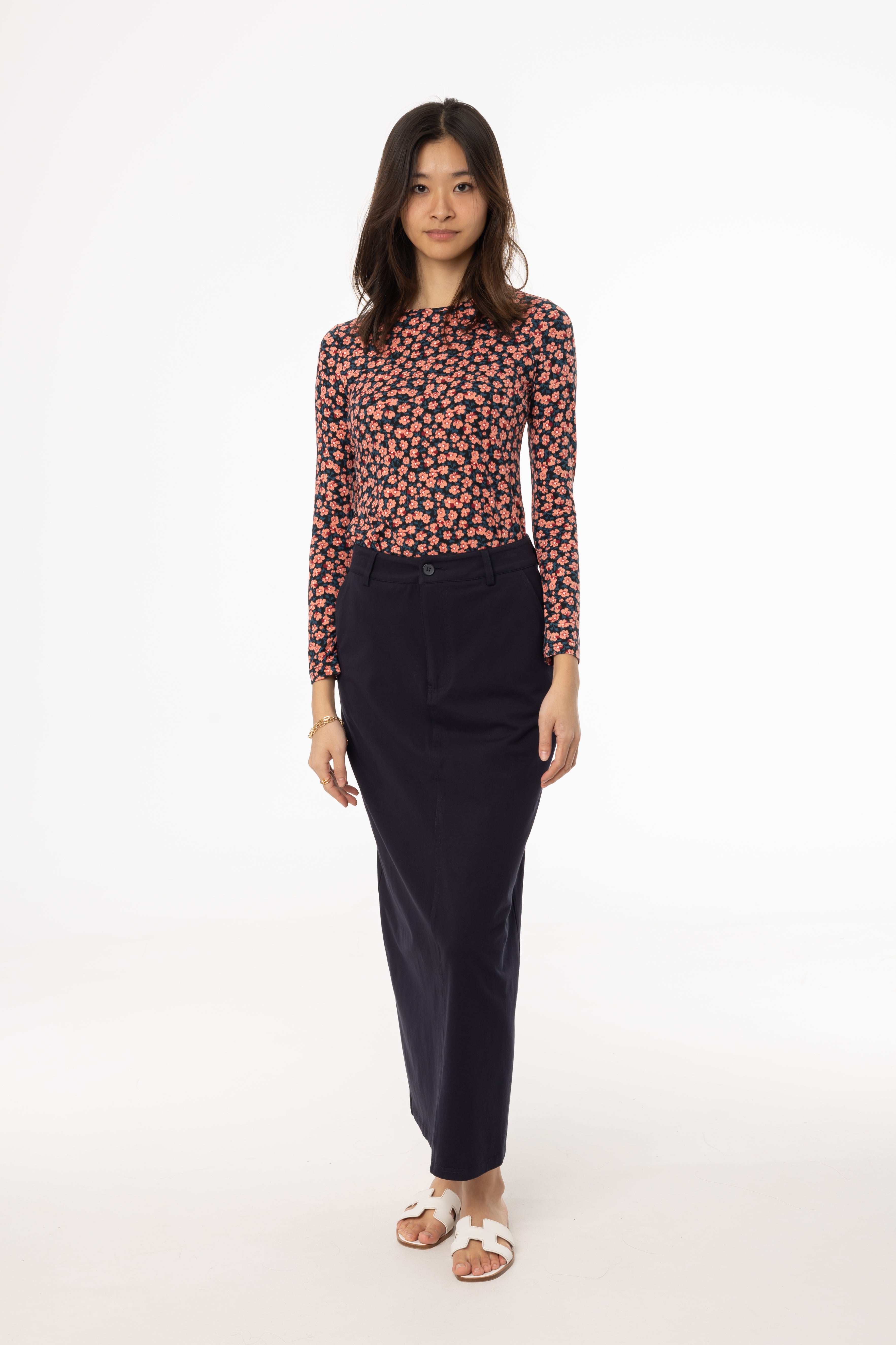 Navy Blue Stretch Cotton Maxi Skirt for Women - Comfortable Long Flowy Skirt for Summer, Beach, Vacation & Casual Wear