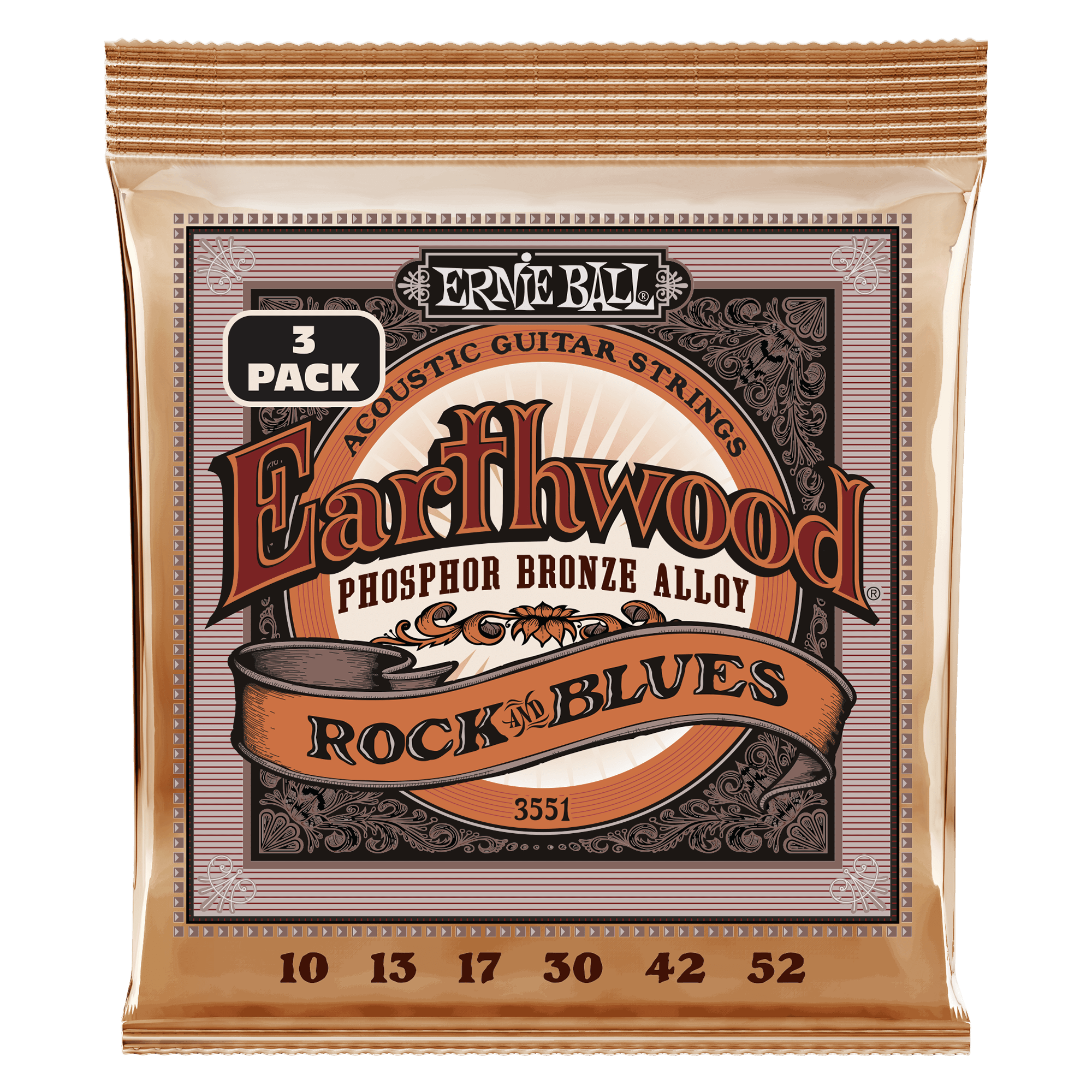 Ernie Ball Earthwood Phosphor Bronze Acoustic Guitar Strings 10-52 Gauge (3-Pack) - Warm Tone for Folk, Blues & Fingerstyle Playing