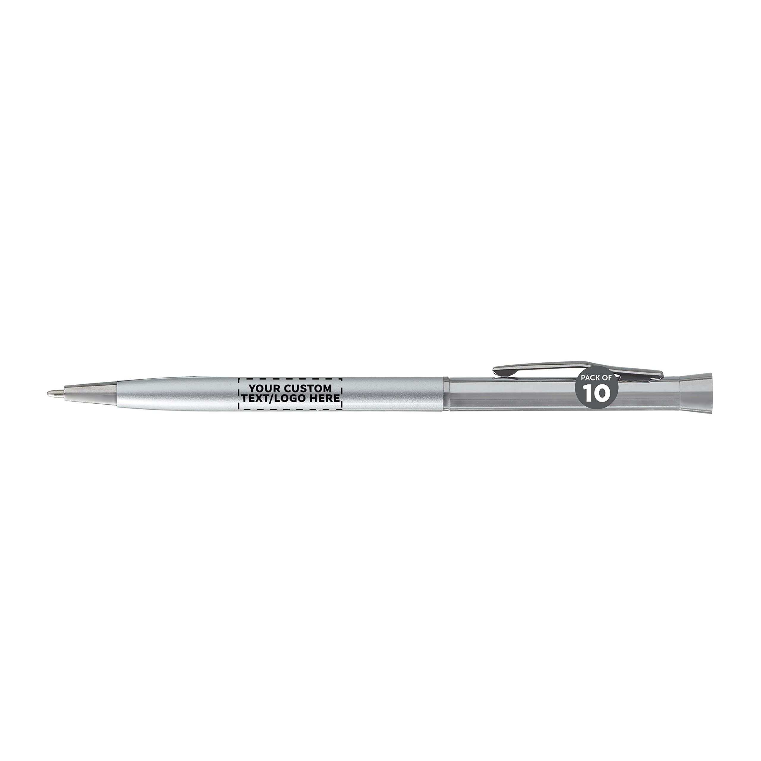 10-Pack Slim Metal Hotel Pens - Customizable Text & Logo - Two-Tone Minimalist Design with Black Ink - Silver Finish - Perfect for Corporate Gifts, Hotels, and Office Use
