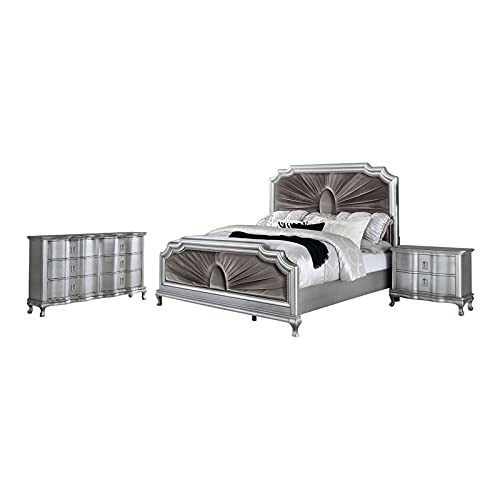 FOA Pappa Glam 3-Piece Silver Wood Bedroom Set - Queen Bed, Nightstand & Dresser | Modern Luxury Furniture for Master Bedroom Decor | Perfect for Home, Apartment & Guest Room