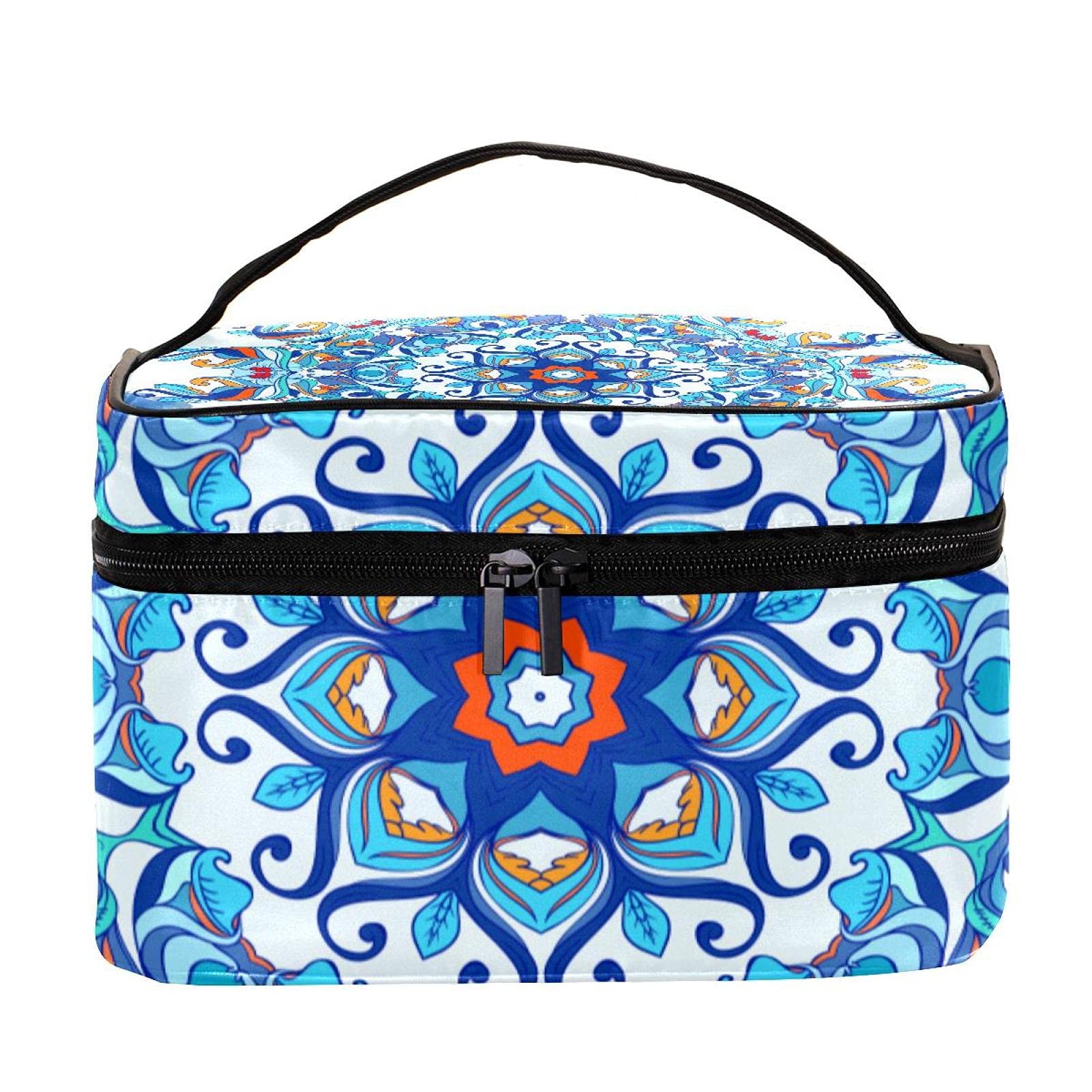 Trippy Mandala Blue Floral Travel Makeup Bag - Large Cosmetic Organizer with Zipper for Women & Girls | Perfect for Vacation, Gym, Beach & Daily Essentials Storage