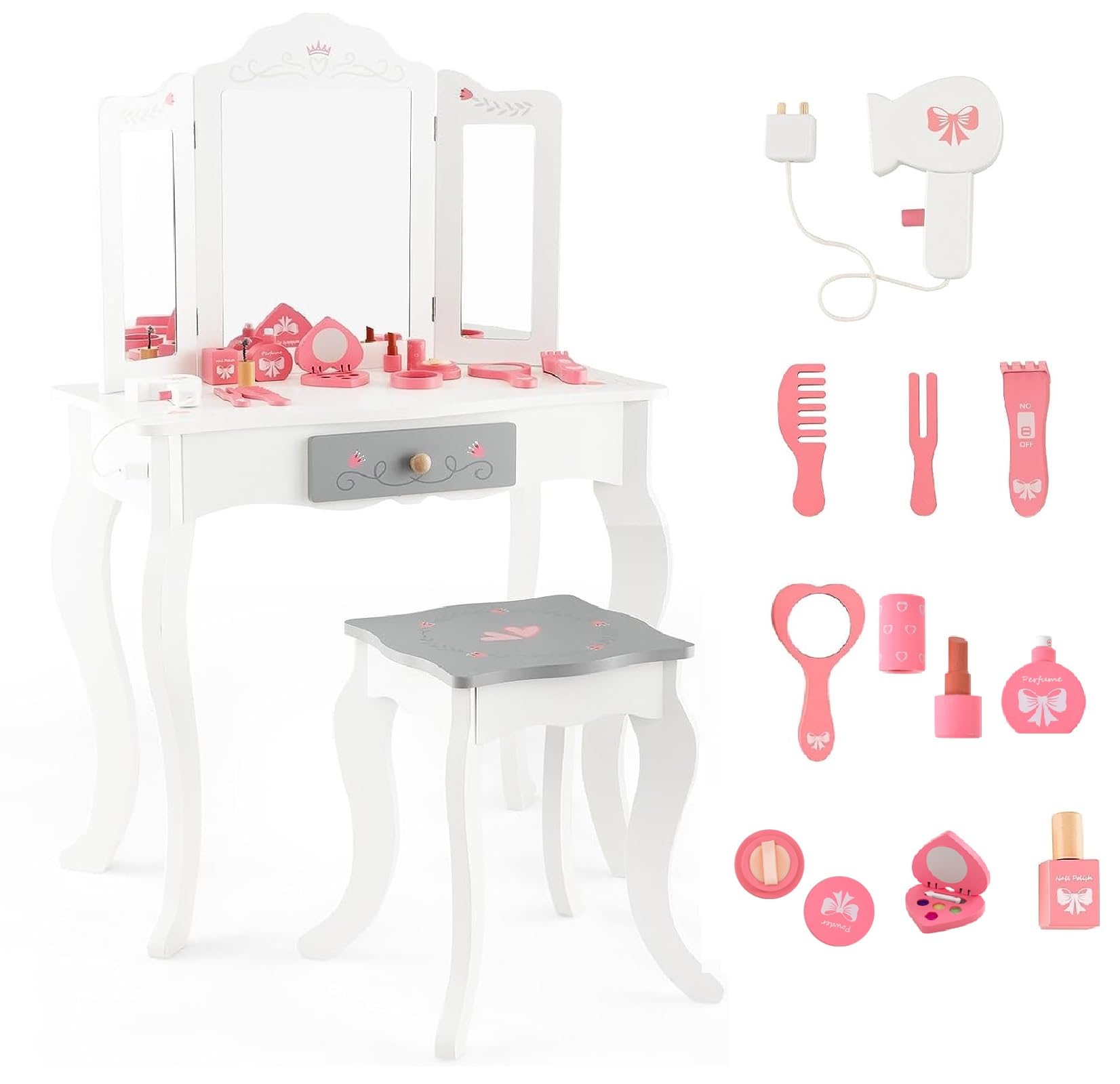 INFANS Kids Vanity Set - 2 in 1 Princess Makeup Table & Chair with Tri-Folding Mirror, 10 Accessories, Wooden Dressing Table for Toddler Girls | Pretend Play, Birthday Gift, Room Decor (White) - Perfect for Dress-Up Games, Role Play & Imaginative Play in Bedroom or Playroom