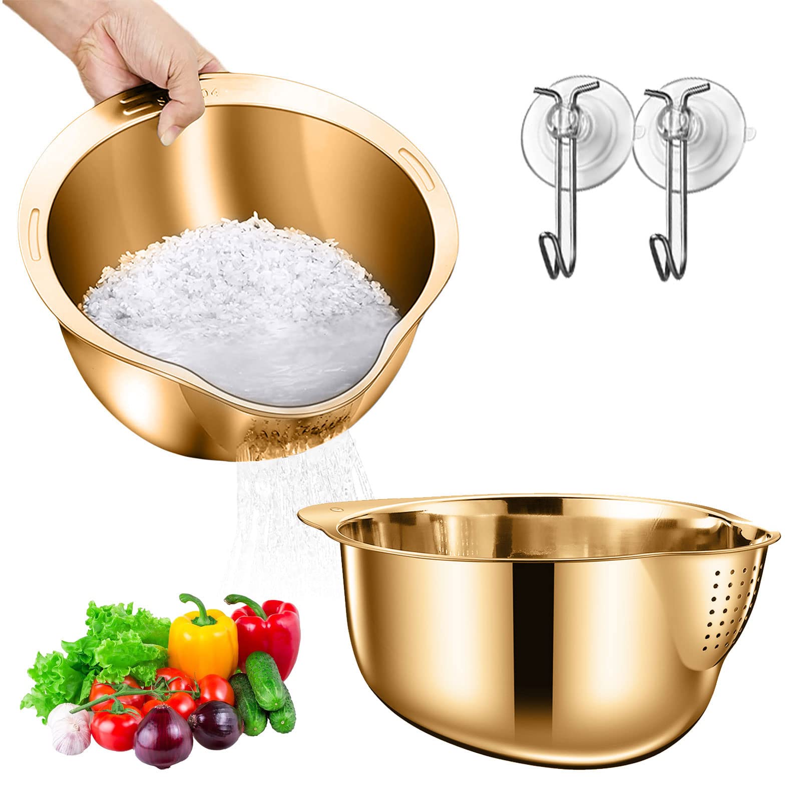 2-Piece Stainless Steel Rice Washing Bowl Set - 304 Grade 3-in-1 Kitchen Colander for Vegetables, Fruits & Rice - Perfect for Meal Prep, Salad Washing & Cooking in Modern Kitchens