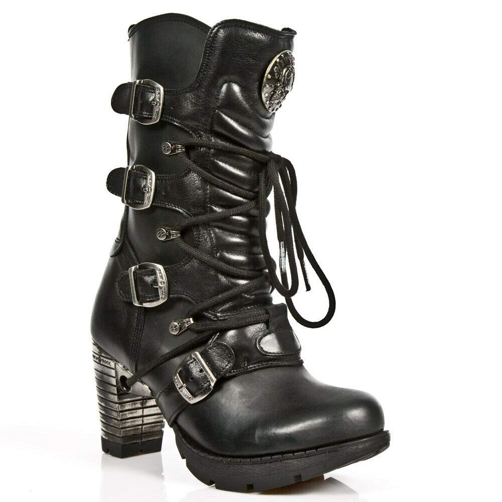 TR003-S1 Women's Metallic Black Leather Biker Boots - Punk Ankle Booties with Heel for Motorcycle Riding, Goth Fashion & Night Out Outfits