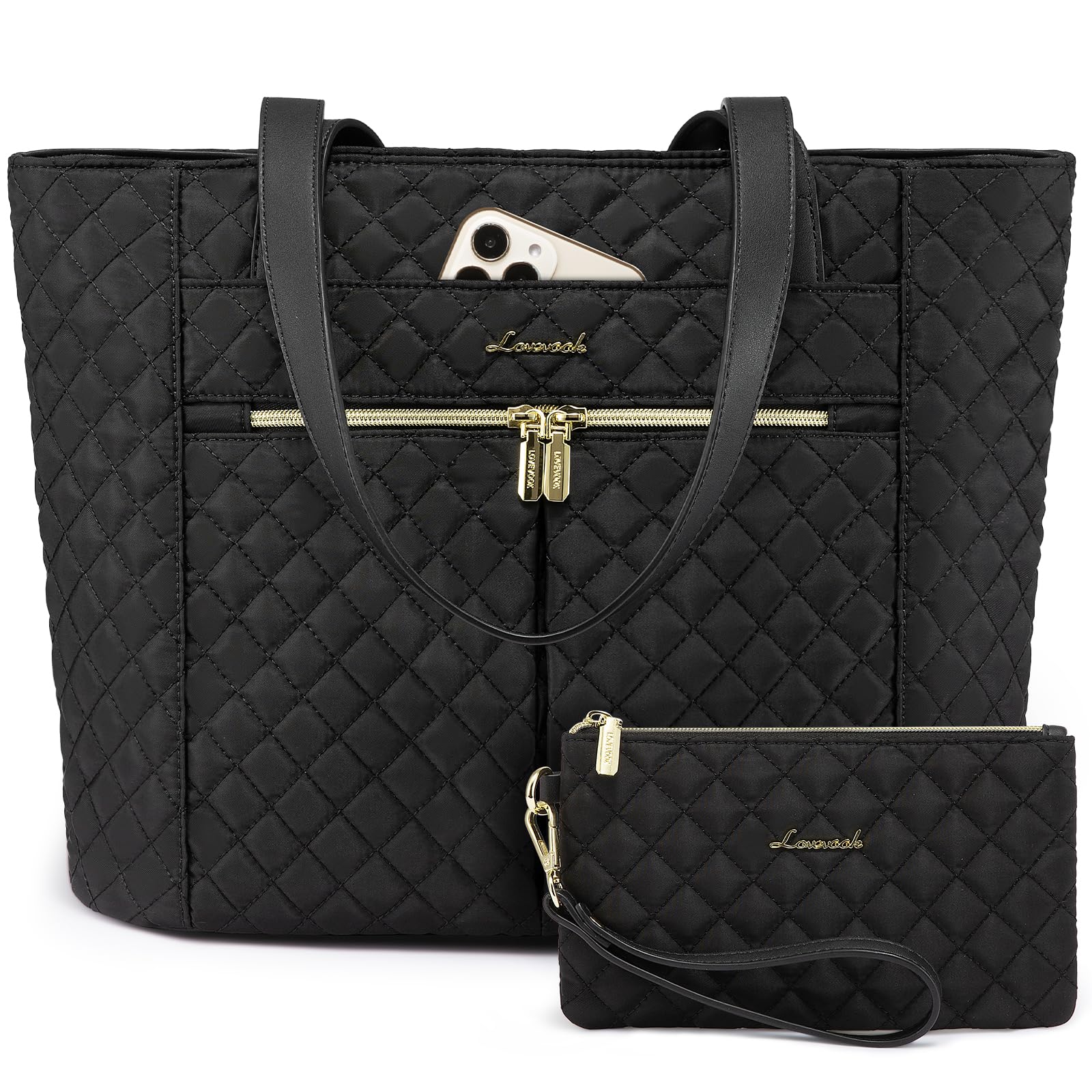 LOVEVOOK 17 Inch Diamond Quilted Laptop Tote Bag for Women - Stylish Work & Travel Computer Shoulder Bag, Professional Briefcase & Handbag with Clutch Purse (Black) - Perfect for Office, Business Trips & Daily Commute